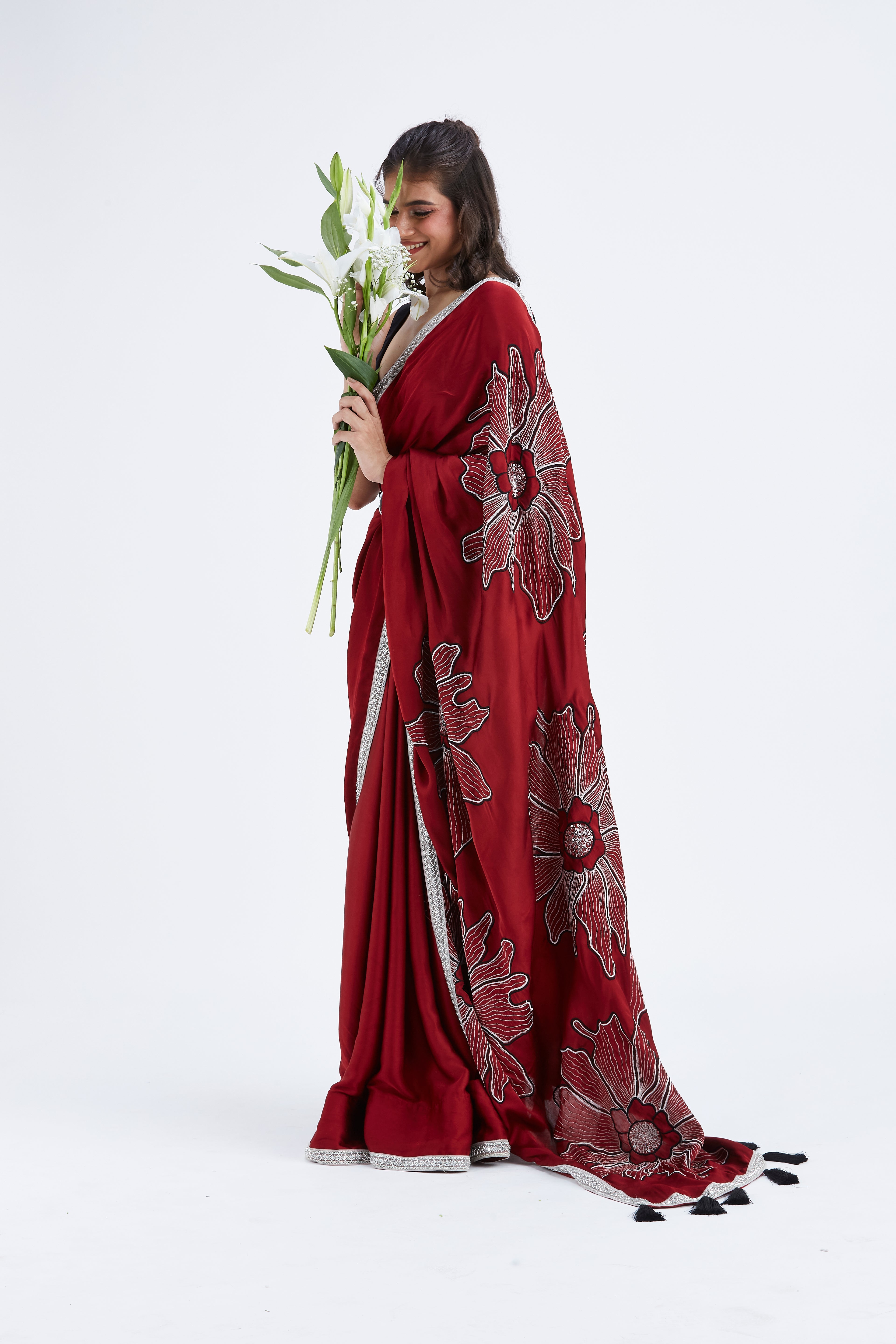 Zaira Red Modal Saree at Kamakhyaa by Hasttvam. This item is Ete by Hasttvam, Floral Prints, Hand Printed, Modal, Red, Under $50, Wedding Wear, Womenswear