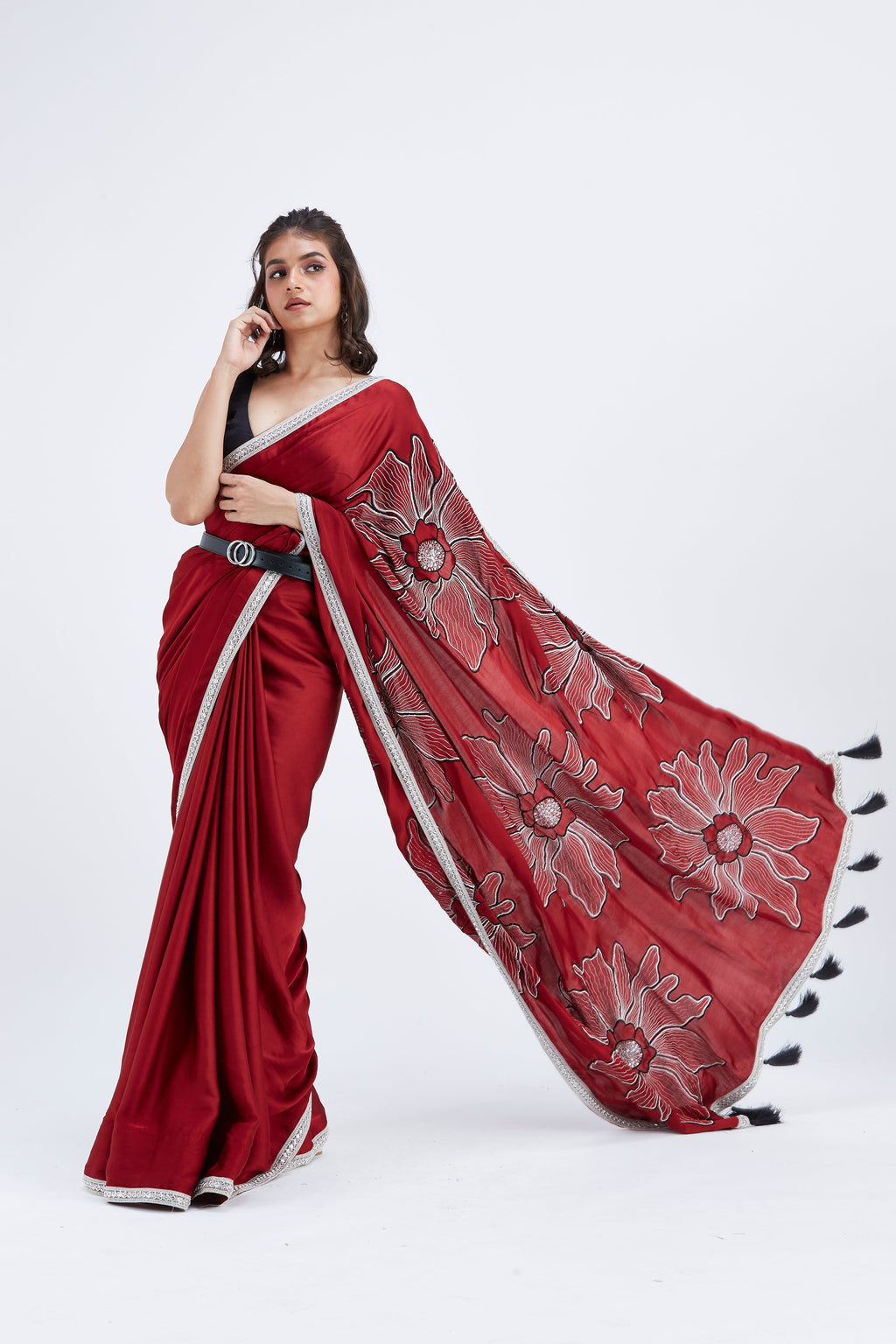 Zaira Red Modal Saree at Kamakhyaa by Hasttvam. This item is Ete by Hasttvam, Floral Prints, Hand Printed, Modal, Red, Under $50, Wedding Wear, Womenswear