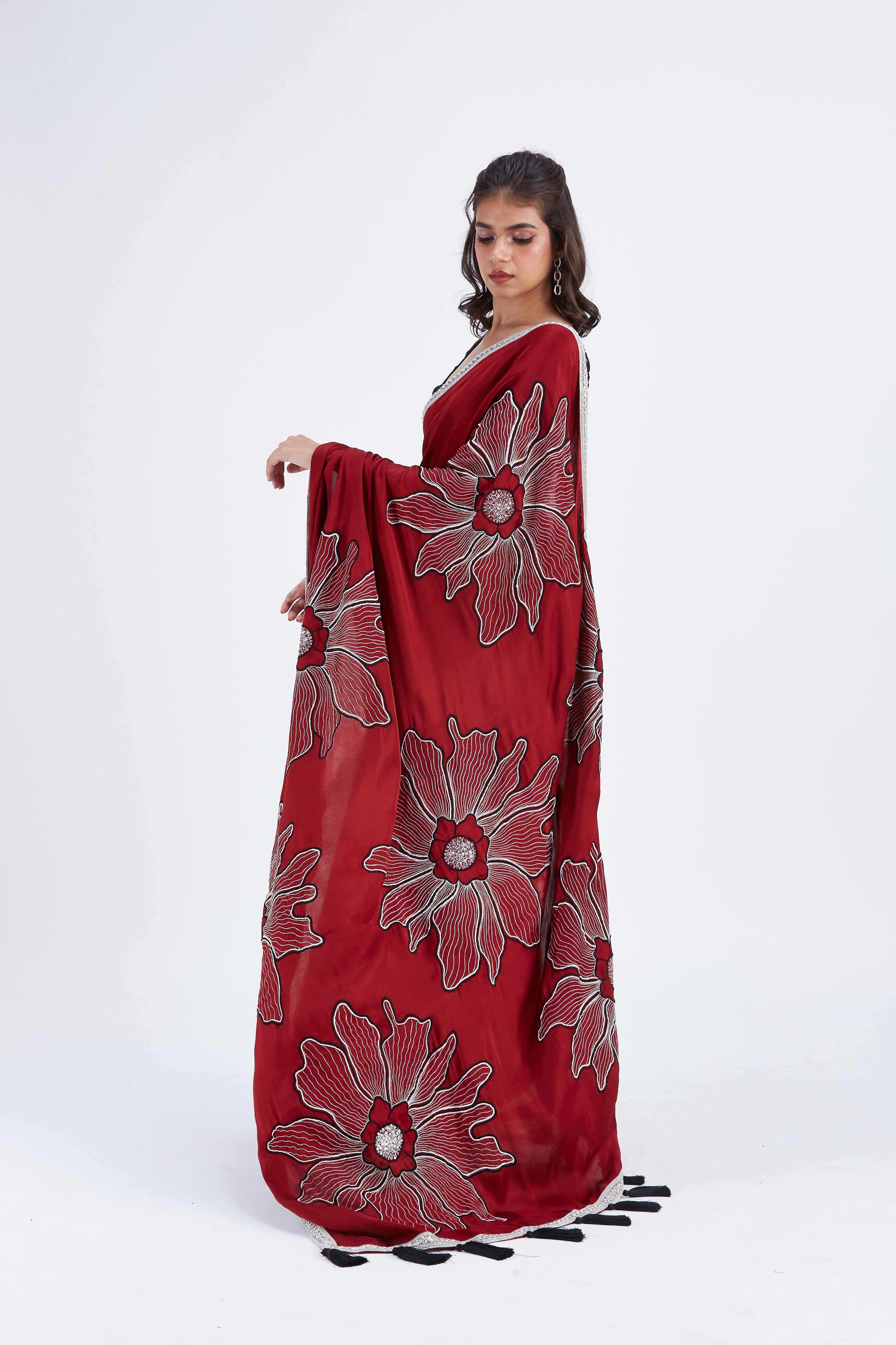 Zaira Red Modal Saree at Kamakhyaa by Hasttvam. This item is Ete by Hasttvam, Floral Prints, Hand Printed, Modal, Red, Under $50, Wedding Wear, Womenswear
