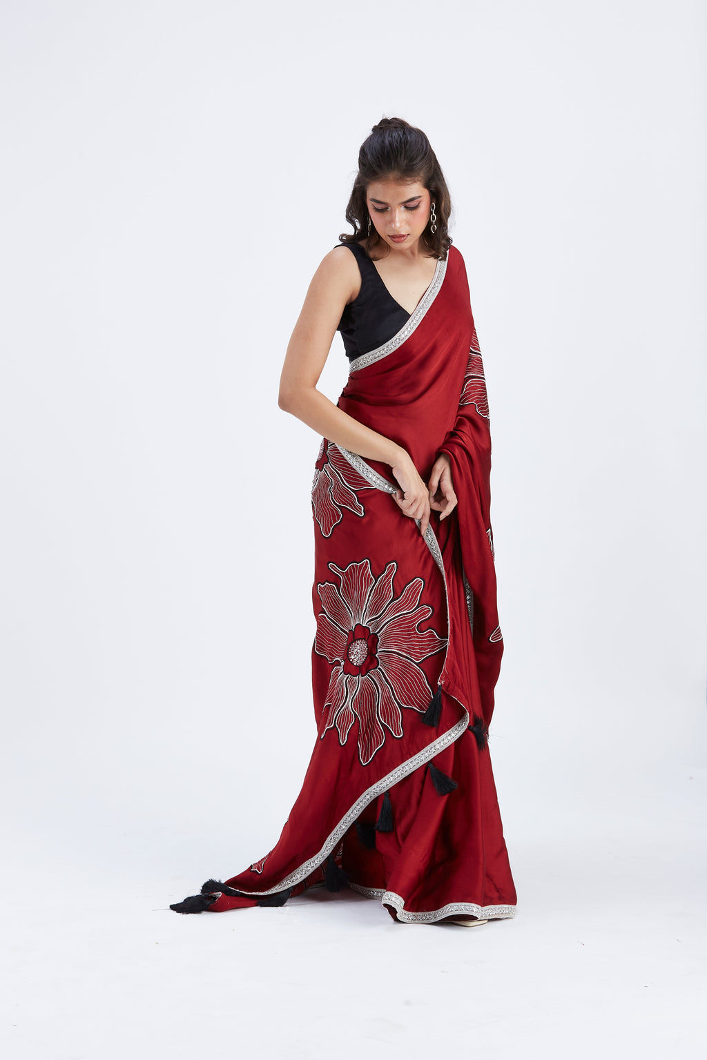 Zaira Red Modal Saree at Kamakhyaa by Hasttvam. This item is Ete by Hasttvam, Floral Prints, Hand Printed, Modal, Red, Under $50, Wedding Wear, Womenswear