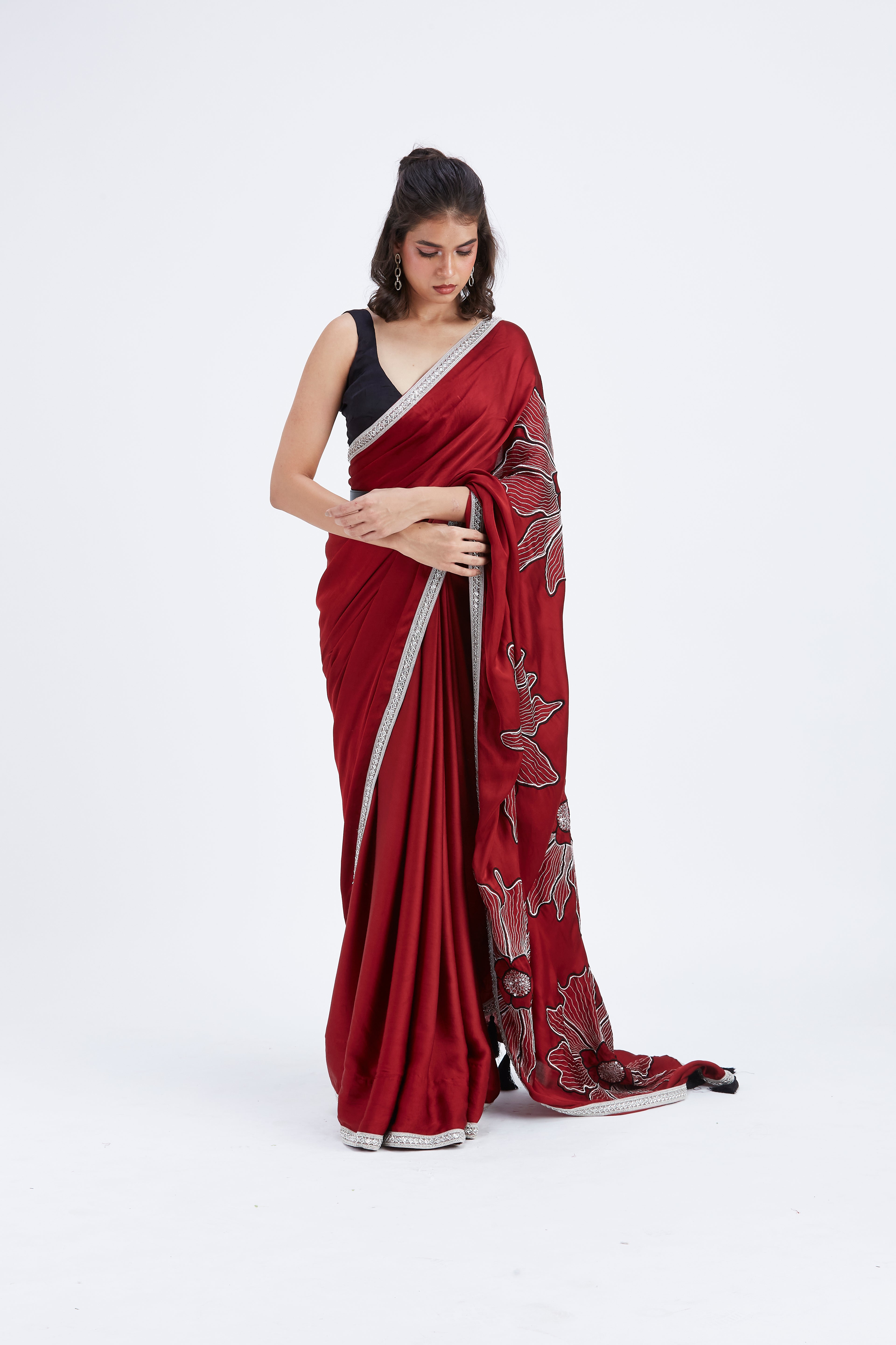 Zaira Red Modal Saree at Kamakhyaa by Hasttvam. This item is Ete by Hasttvam, Floral Prints, Hand Printed, Modal, Red, Under $50, Wedding Wear, Womenswear