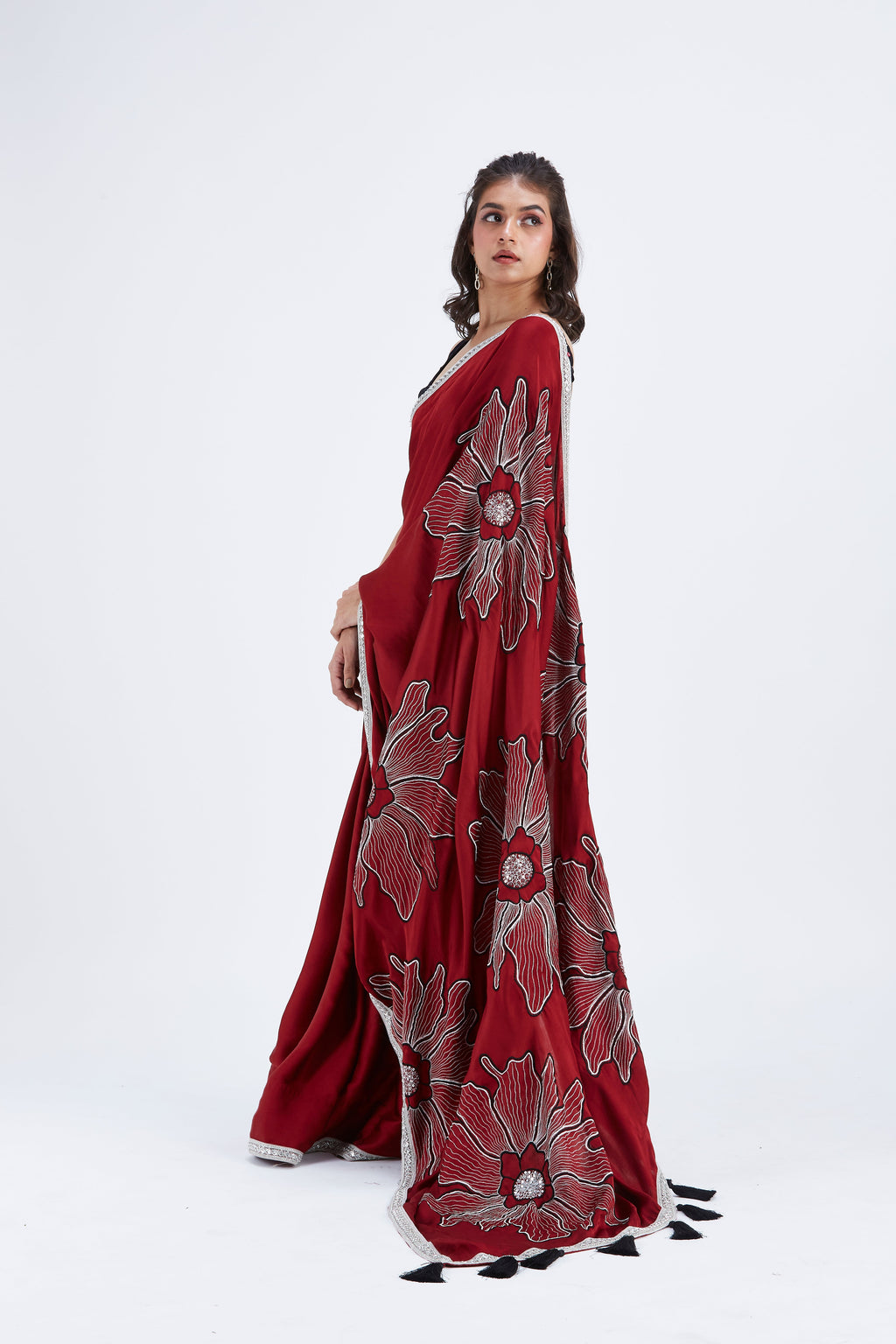 Zaira Red Modal Saree at Kamakhyaa by Hasttvam. This item is Ete by Hasttvam, Floral Prints, Hand Printed, Modal, Red, Under $50, Wedding Wear, Womenswear
