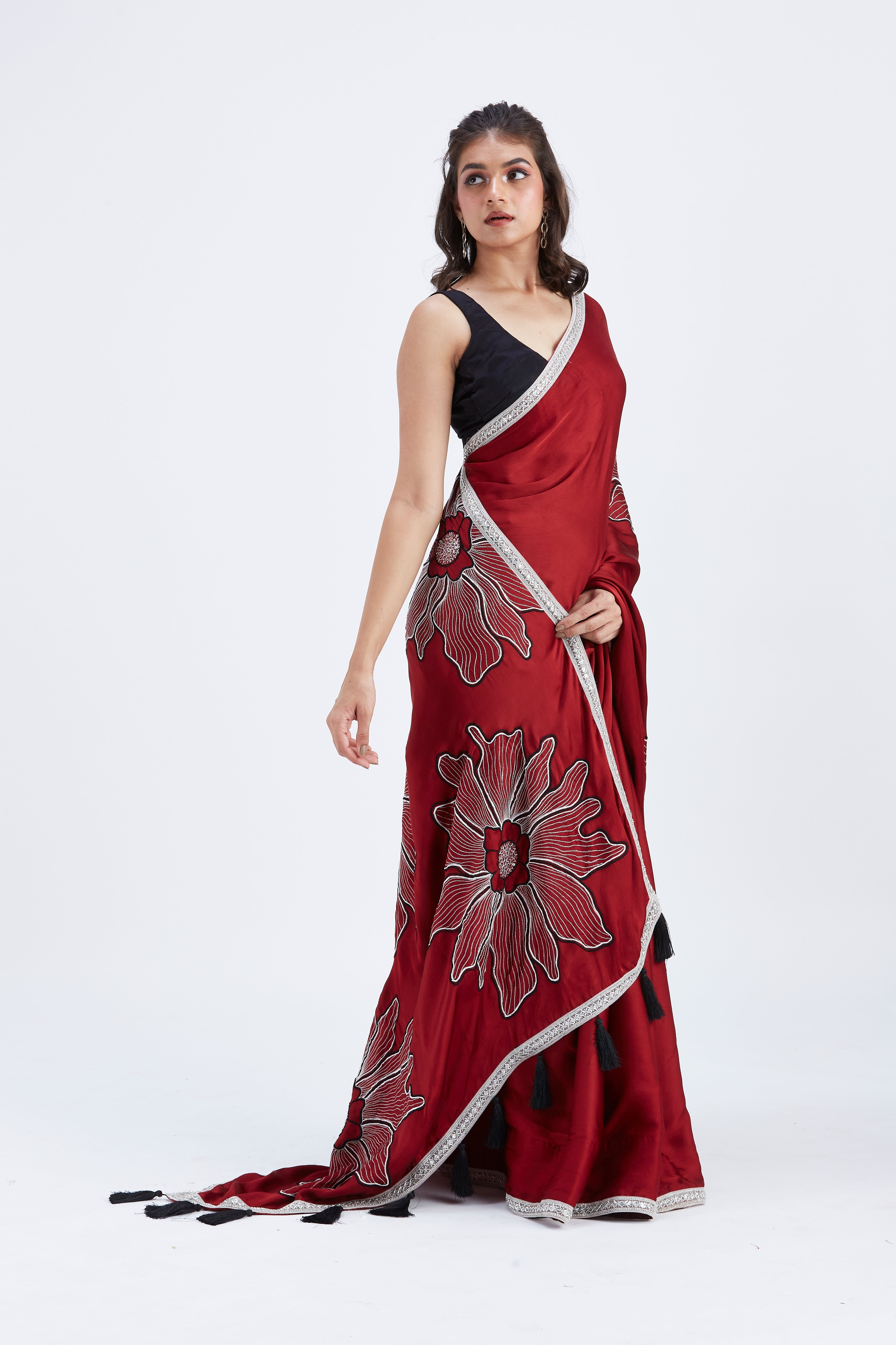Zaira Red Modal Saree at Kamakhyaa by Hasttvam. This item is Ete by Hasttvam, Floral Prints, Hand Printed, Modal, Red, Under $50, Wedding Wear, Womenswear