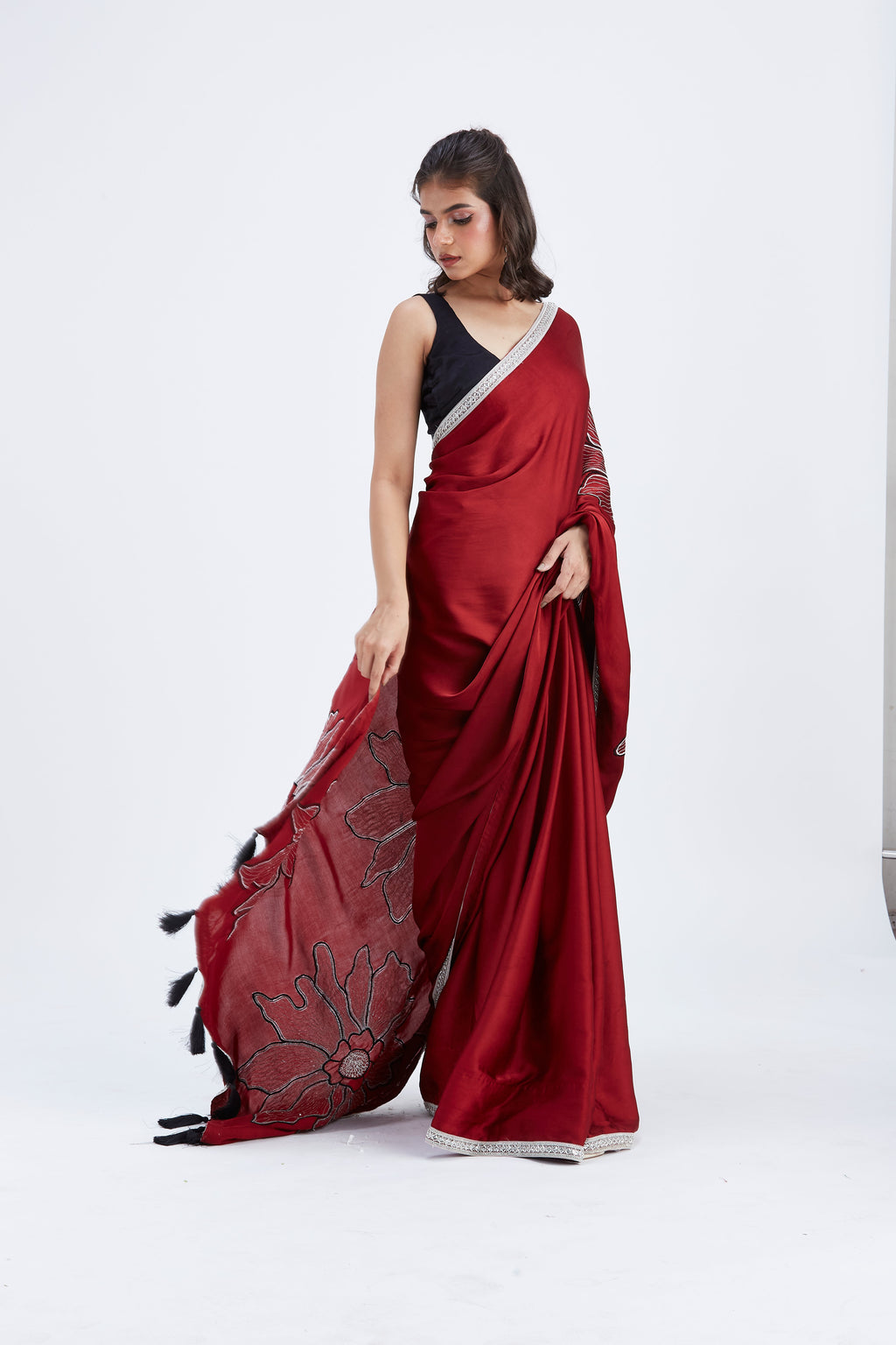 Zaira Red Modal Saree at Kamakhyaa by Hasttvam. This item is Ete by Hasttvam, Floral Prints, Hand Printed, Modal, Red, Under $50, Wedding Wear, Womenswear