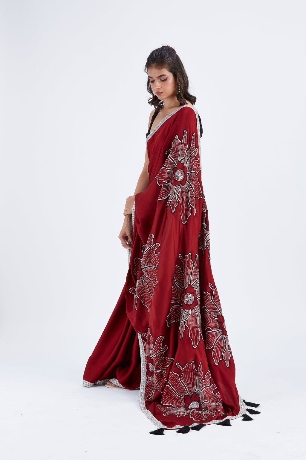Zaira Red Modal Saree at Kamakhyaa by Hasttvam. This item is Ete by Hasttvam, Floral Prints, Hand Printed, Modal, Red, Under $50, Wedding Wear, Womenswear