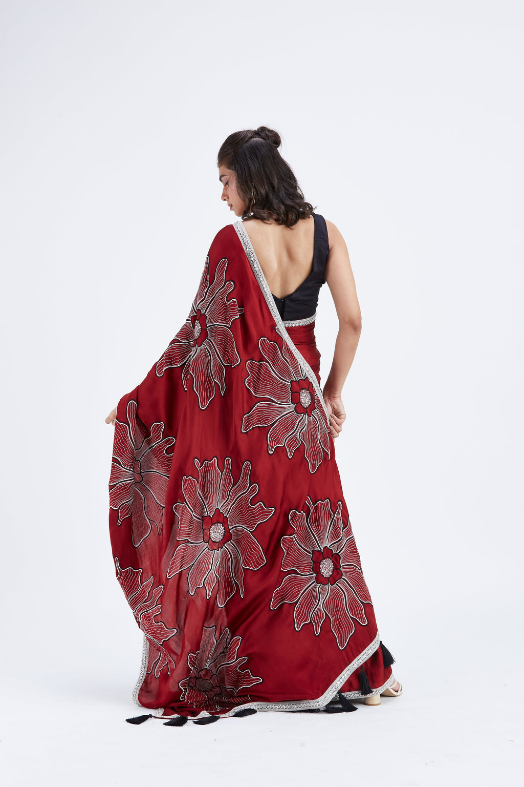 Zaira Red Modal Saree at Kamakhyaa by Hasttvam. This item is Ete by Hasttvam, Floral Prints, Hand Printed, Modal, Red, Under $50, Wedding Wear, Womenswear