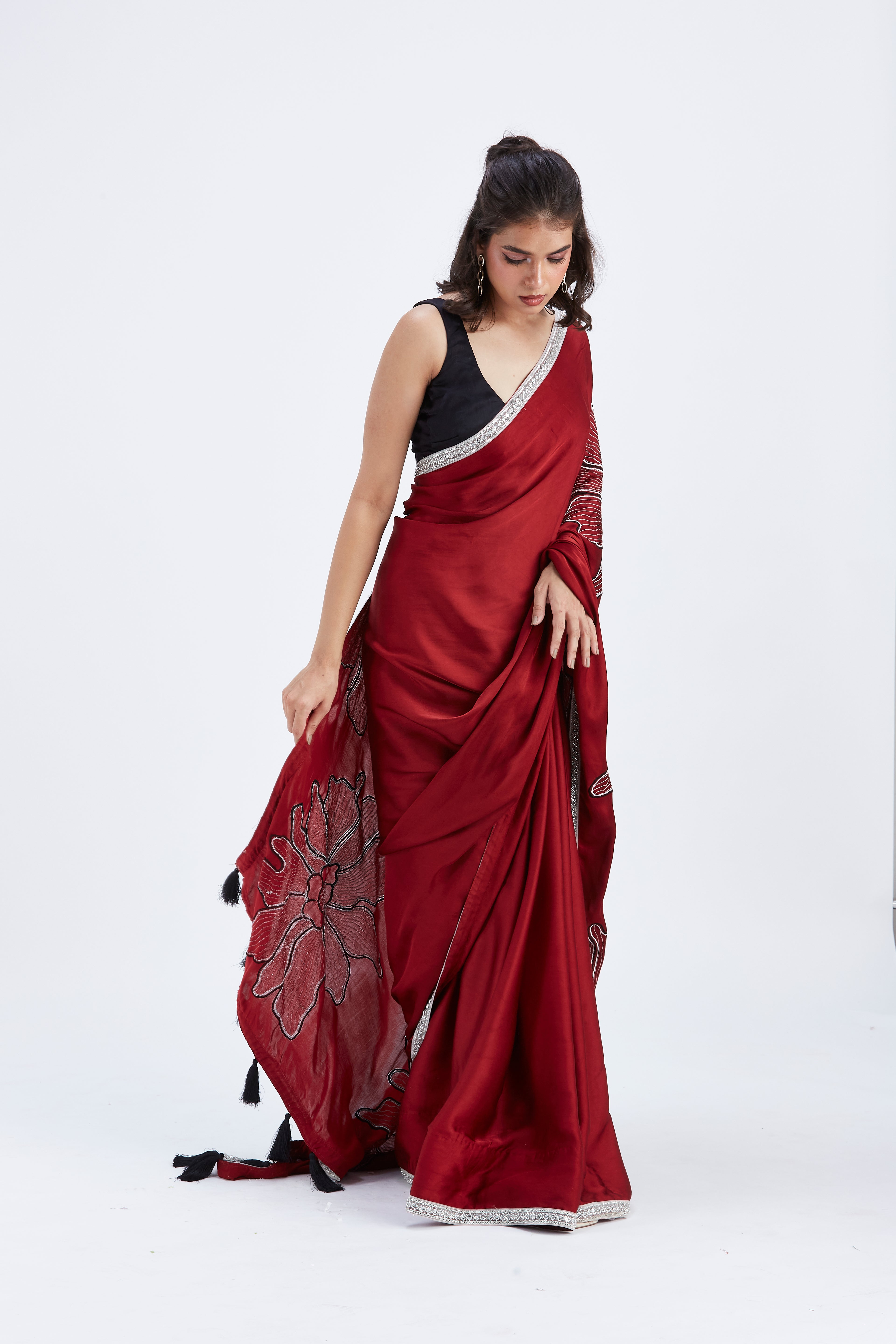 Zaira Red Modal Saree at Kamakhyaa by Hasttvam. This item is Ete by Hasttvam, Floral Prints, Hand Printed, Modal, Red, Under $50, Wedding Wear, Womenswear
