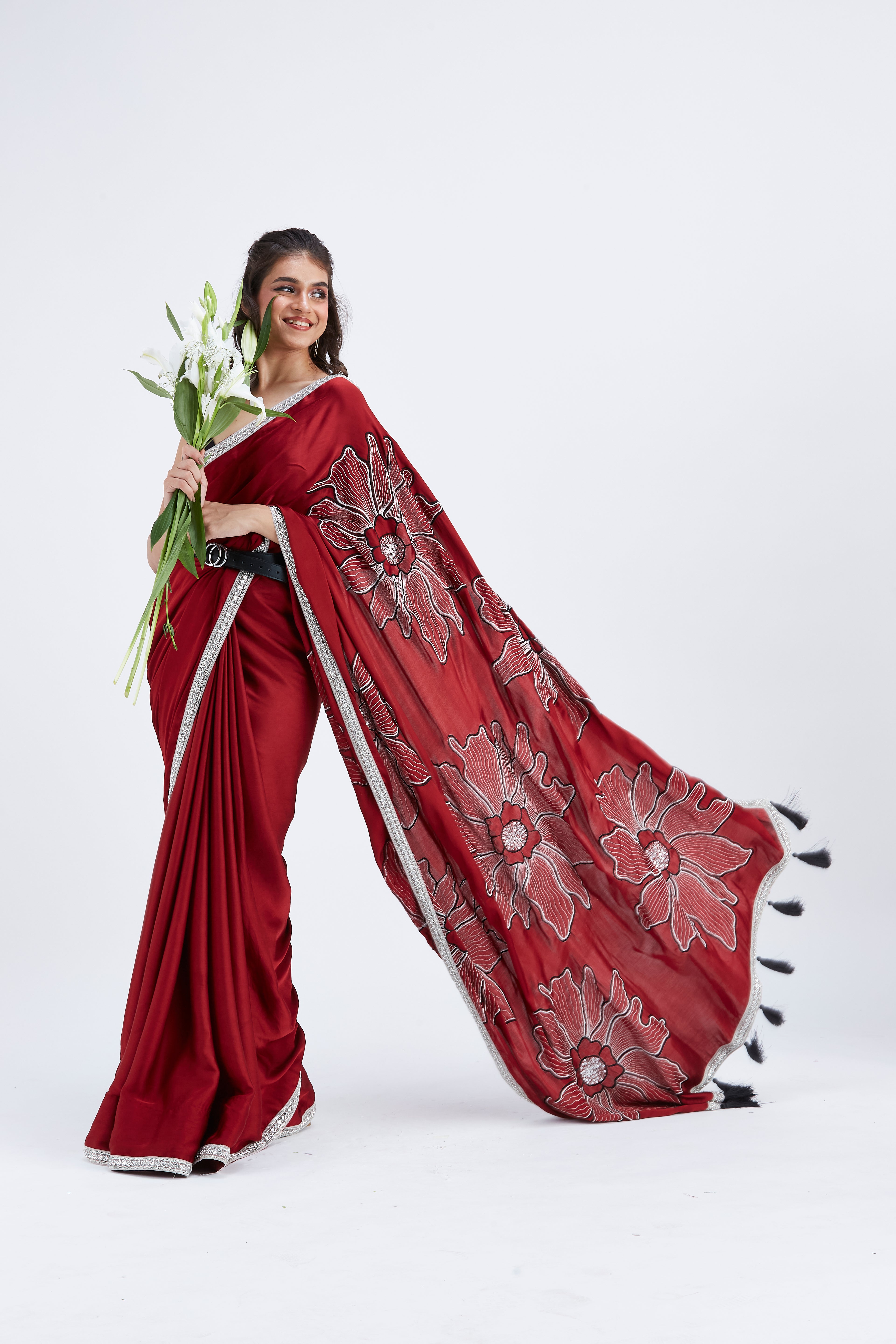 Zaira Red Modal Saree at Kamakhyaa by Hasttvam. This item is Ete by Hasttvam, Floral Prints, Hand Printed, Modal, Red, Under $50, Wedding Wear, Womenswear