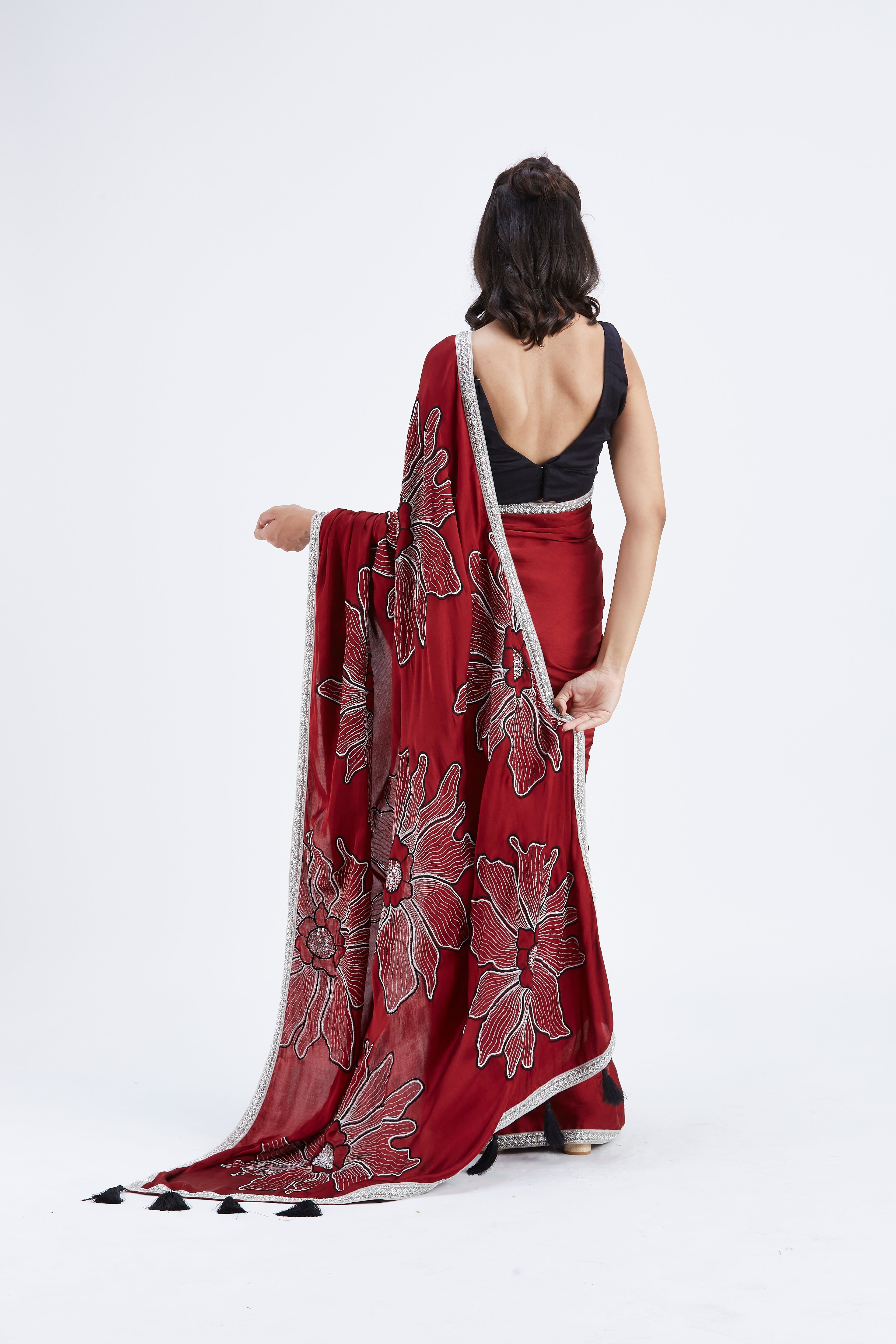 Zaira Red Modal Saree at Kamakhyaa by Hasttvam. This item is Ete by Hasttvam, Floral Prints, Hand Printed, Modal, Red, Under $50, Wedding Wear, Womenswear