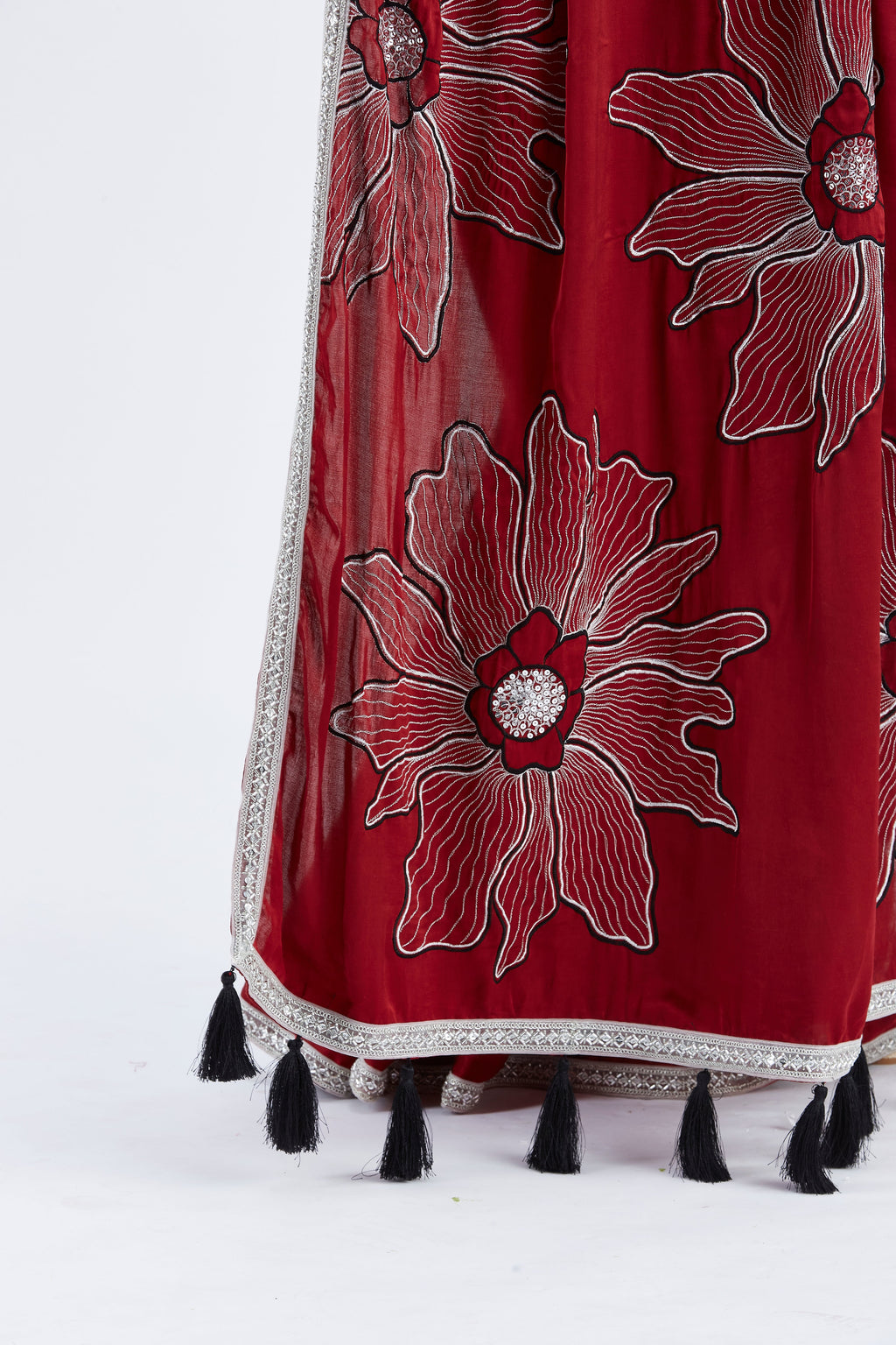 Zaira Red Modal Saree at Kamakhyaa by Hasttvam. This item is Ete by Hasttvam, Floral Prints, Hand Printed, Modal, Red, Under $50, Wedding Wear, Womenswear