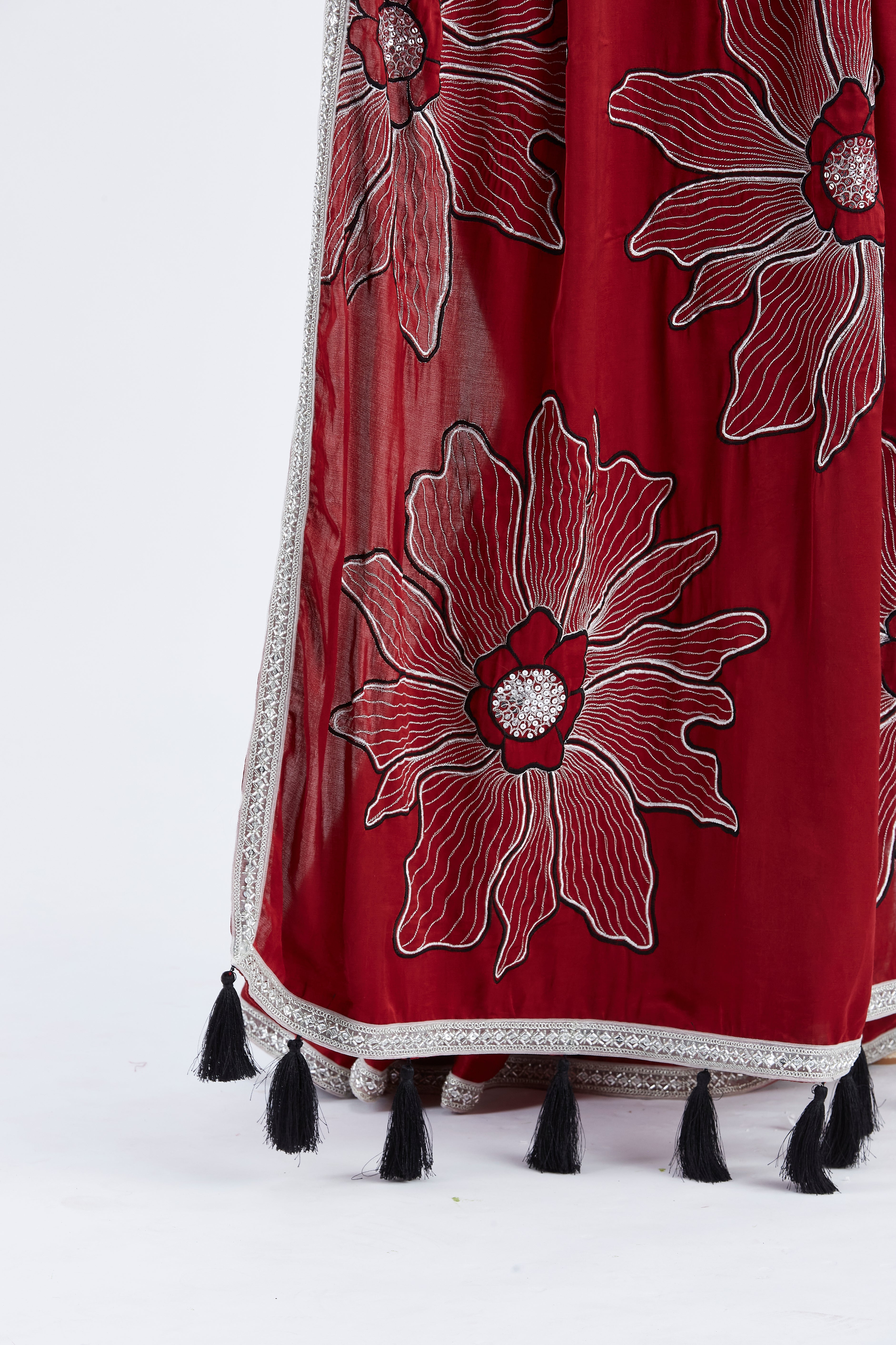 Zaira Red Modal Saree at Kamakhyaa by Hasttvam. This item is Ete by Hasttvam, Floral Prints, Hand Printed, Modal, Red, Under $50, Wedding Wear, Womenswear