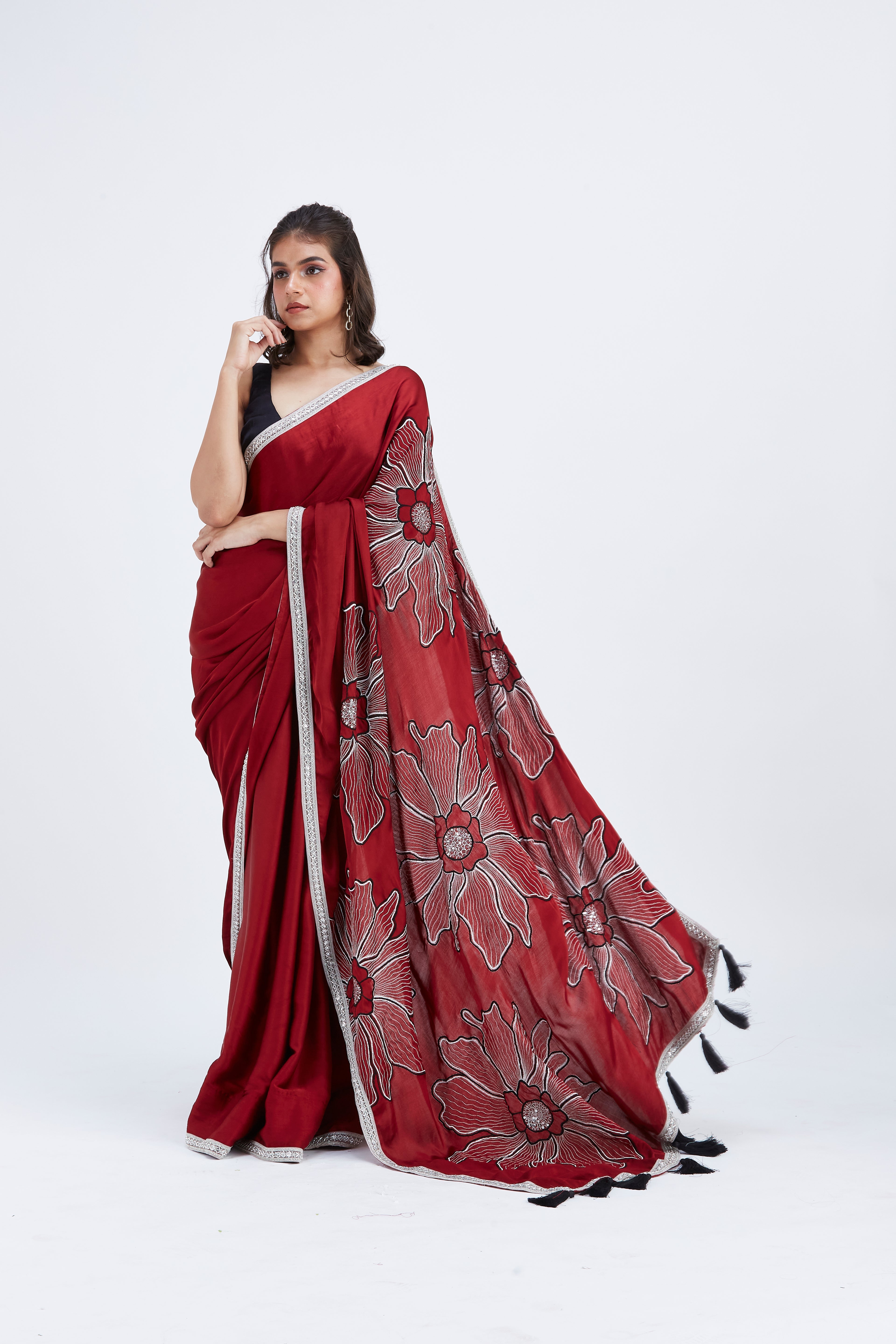 Zaira Red Modal Saree at Kamakhyaa by Hasttvam. This item is Ete by Hasttvam, Floral Prints, Hand Printed, Modal, Red, Under $50, Wedding Wear, Womenswear