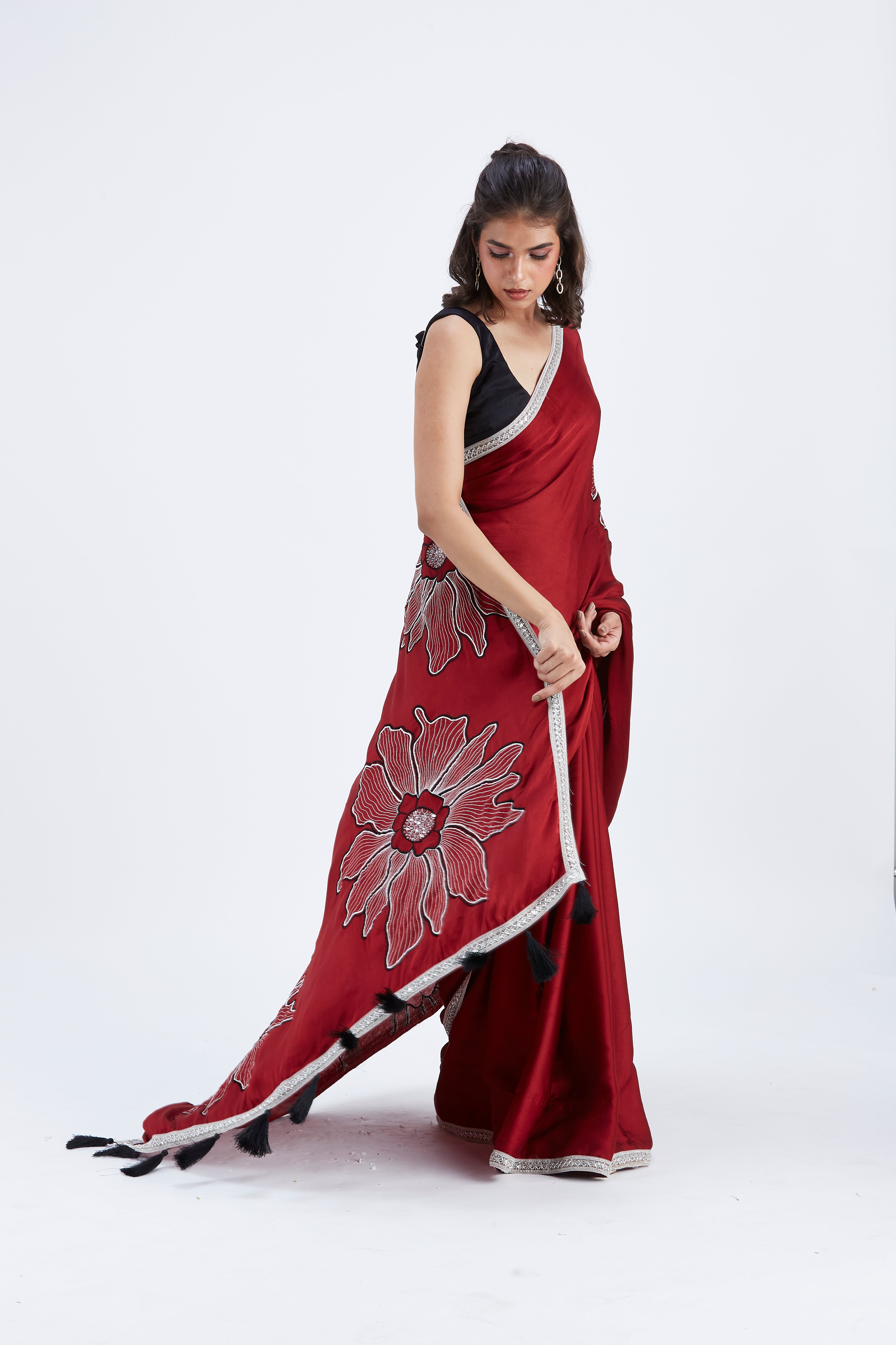 Zaira Red Modal Saree at Kamakhyaa by Hasttvam. This item is Ete by Hasttvam, Floral Prints, Hand Printed, Modal, Red, Under $50, Wedding Wear, Womenswear