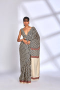 Zig Zag Print Saree at Kamakhyaa by Hasttvam. This item is Festive Wear, Handmade by Artisans, Modal silk, Natural dyes, Relaxed Fit, Respondible production and Vegan, Stripes, White