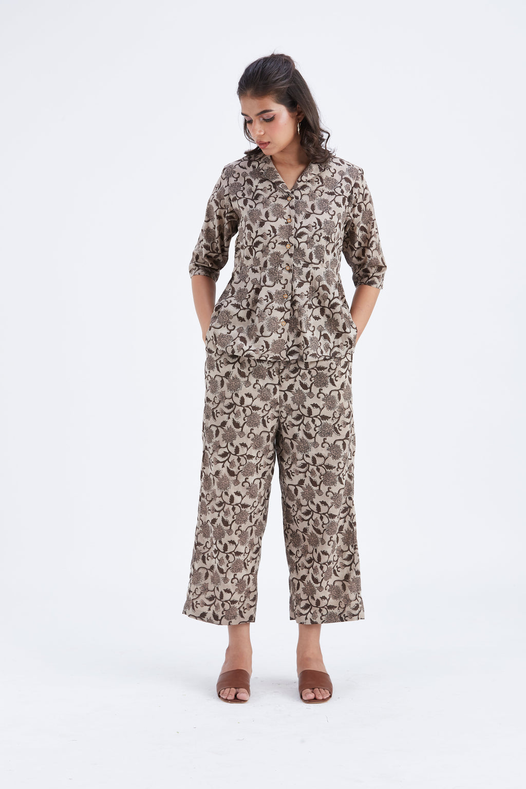 Zola Beige Floral Printed Modal Co-ord set at Kamakhyaa by Hasttvam. This item is Beige, Ete by Hasttvam, Floral Prints, Fusion Wear, Hand Printed, Modal, Womenswear