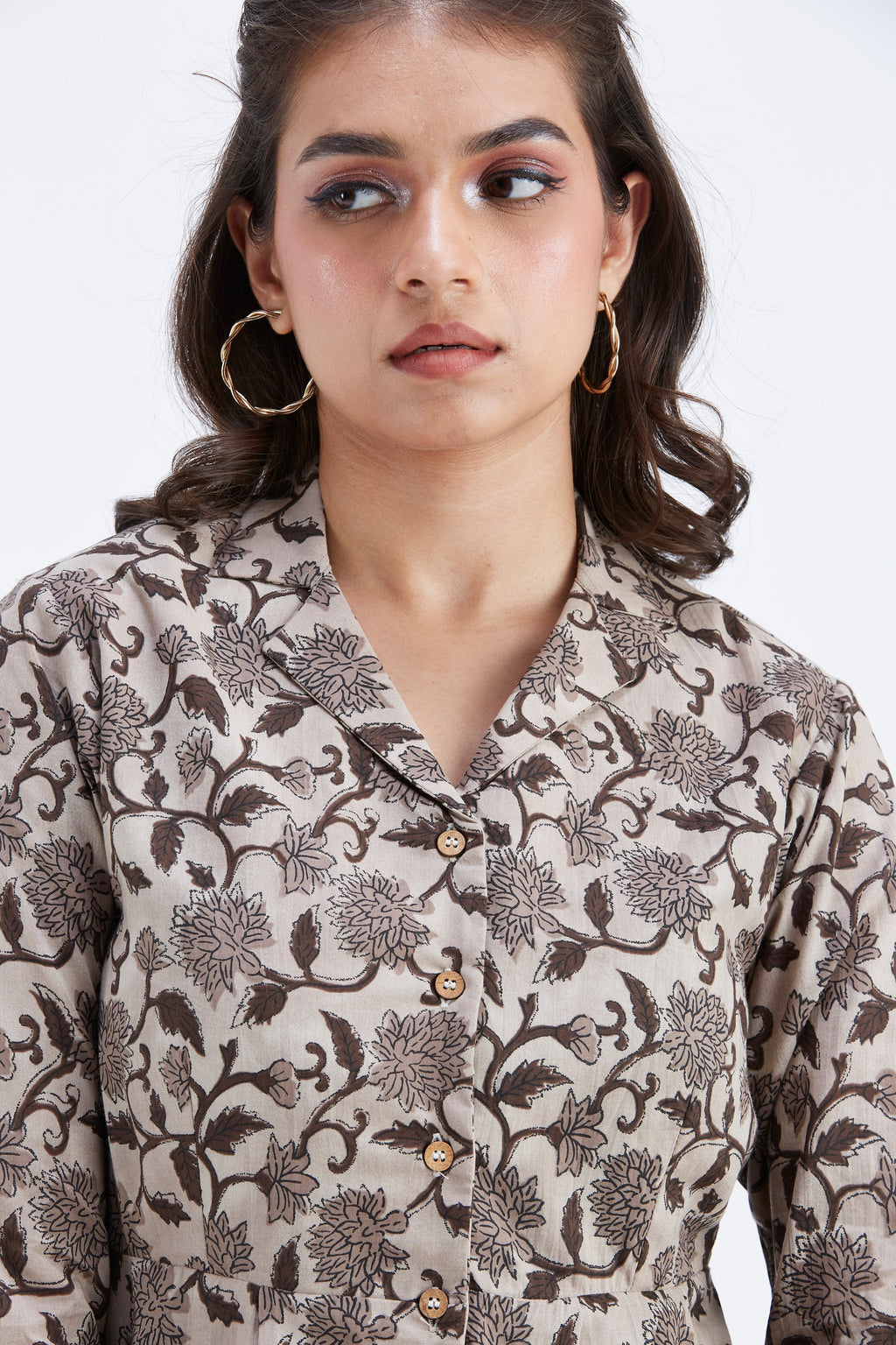 Zola Beige Floral Printed Modal Co-ord set at Kamakhyaa by Hasttvam. This item is Beige, Ete by Hasttvam, Floral Prints, Fusion Wear, Hand Printed, Modal, Womenswear