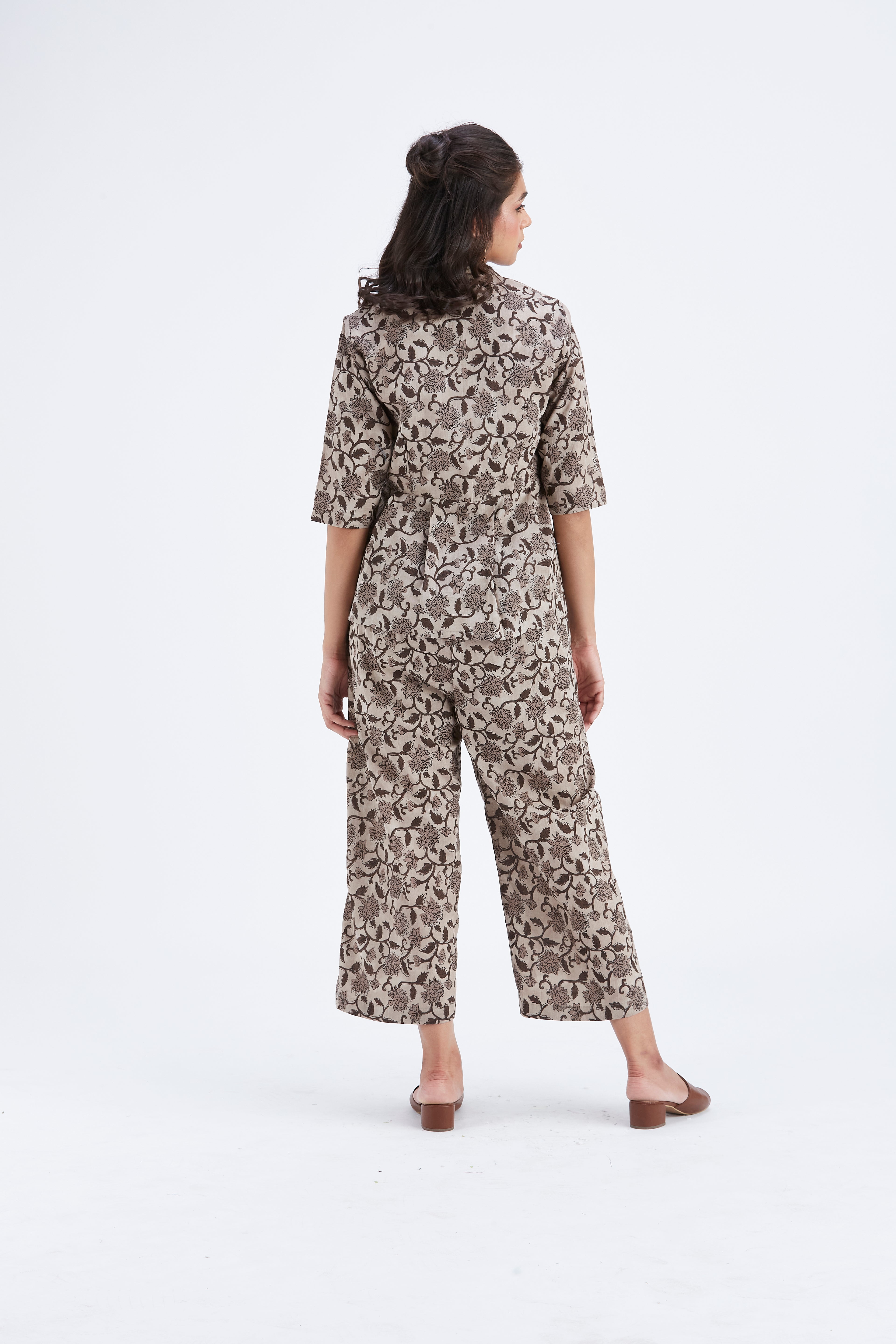 Zola Beige Floral Printed Modal Co-ord set at Kamakhyaa by Hasttvam. This item is Beige, Ete by Hasttvam, Floral Prints, Fusion Wear, Hand Printed, Modal, Womenswear