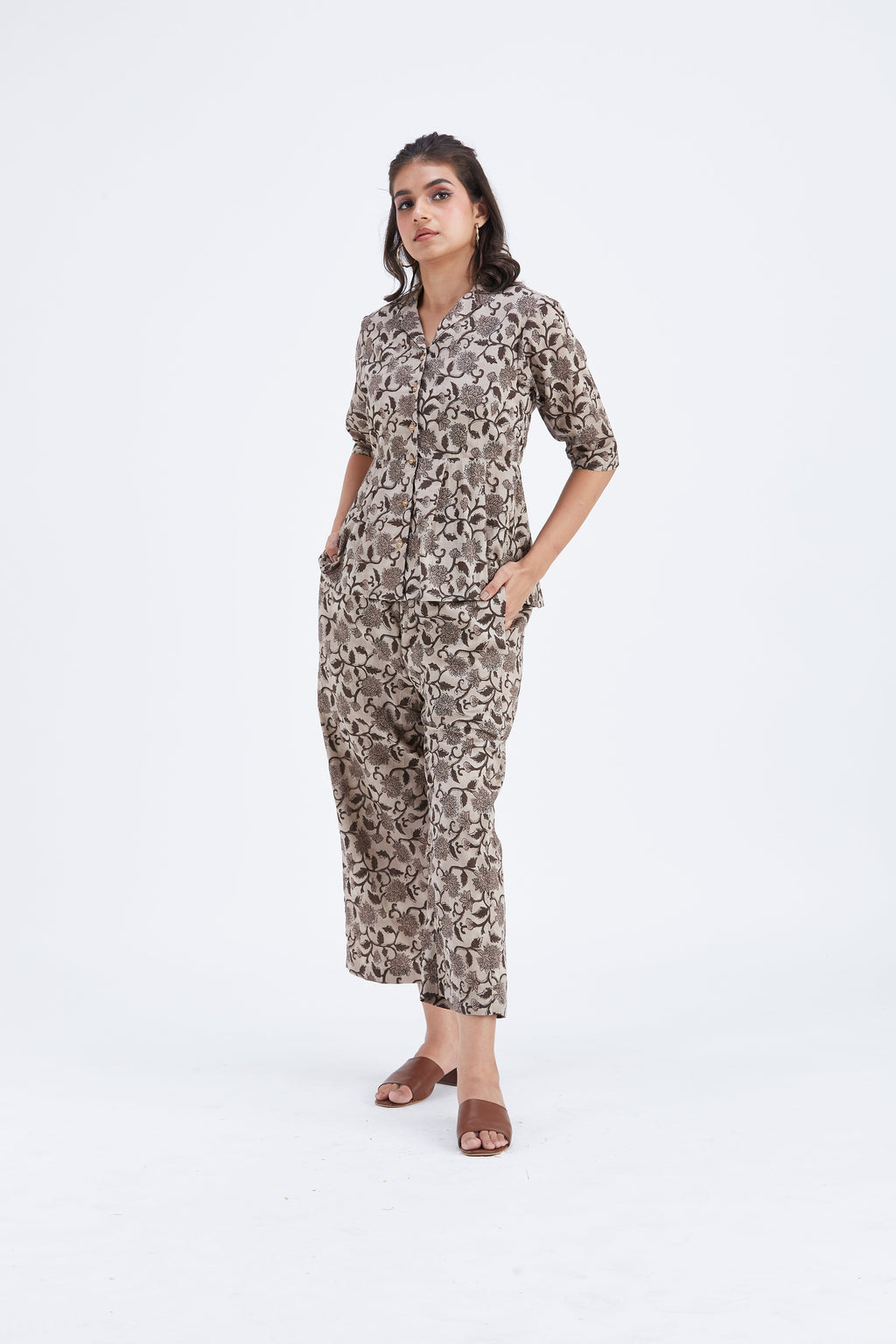 Zola Beige Floral Printed Modal Co-ord set at Kamakhyaa by Hasttvam. This item is Beige, Ete by Hasttvam, Floral Prints, Fusion Wear, Hand Printed, Modal, Womenswear