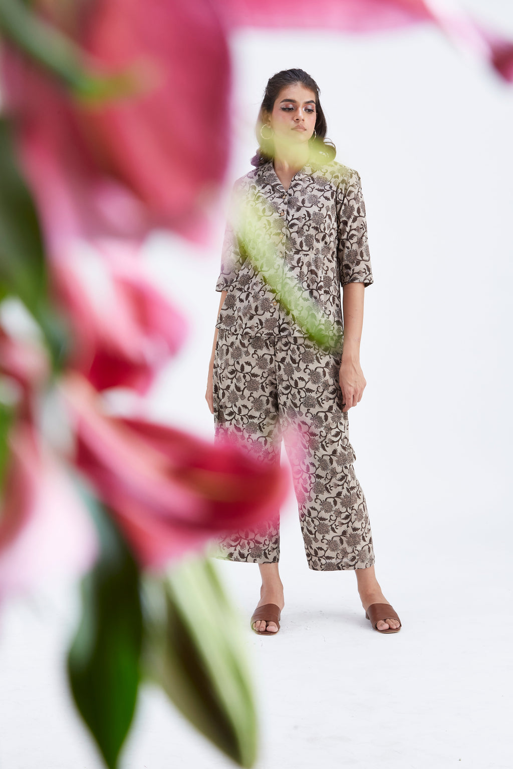 Zola Beige Floral Printed Modal Co-ord set at Kamakhyaa by Hasttvam. This item is Beige, Ete by Hasttvam, Floral Prints, Fusion Wear, Hand Printed, Modal, Womenswear