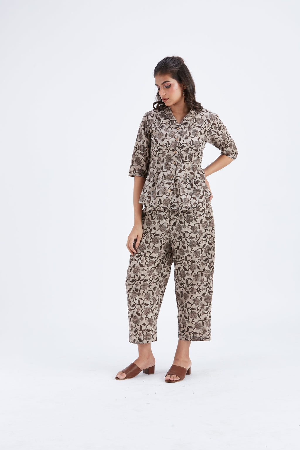 Zola Beige Floral Printed Modal Co-ord set at Kamakhyaa by Hasttvam. This item is Beige, Ete by Hasttvam, Floral Prints, Fusion Wear, Hand Printed, Modal, Womenswear