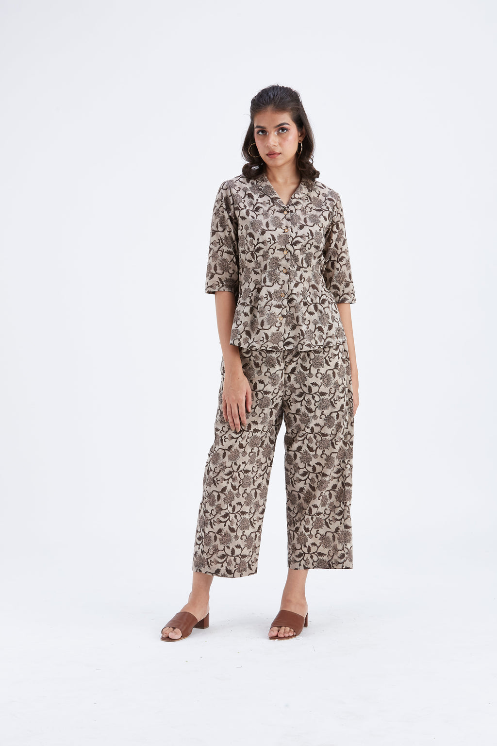 Zola Beige Floral Printed Modal Co-ord set at Kamakhyaa by Hasttvam. This item is Beige, Ete by Hasttvam, Floral Prints, Fusion Wear, Hand Printed, Modal, Womenswear