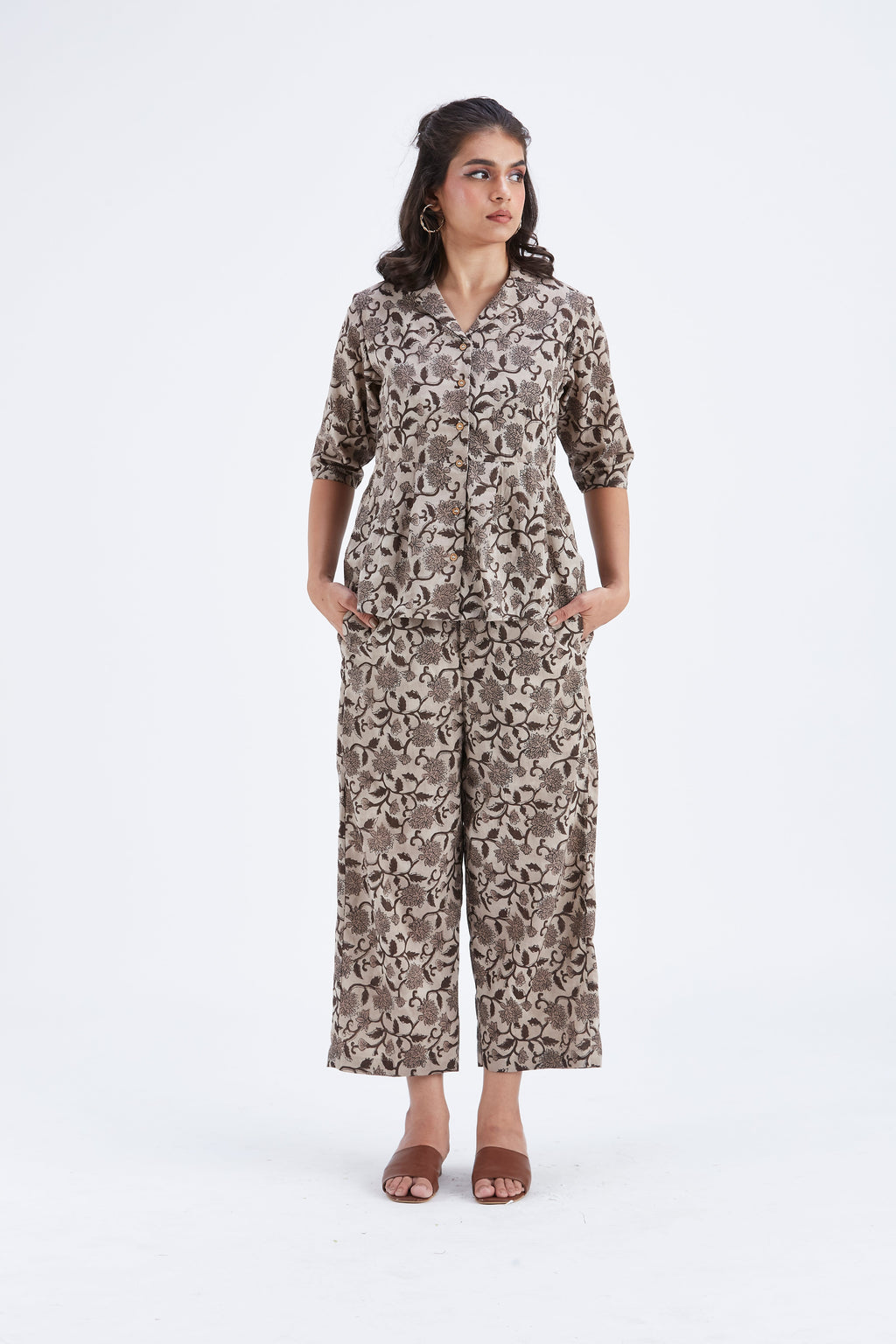 Zola Beige Floral Printed Modal Co-ord set at Kamakhyaa by Hasttvam. This item is Beige, Ete by Hasttvam, Floral Prints, Fusion Wear, Hand Printed, Modal, Womenswear