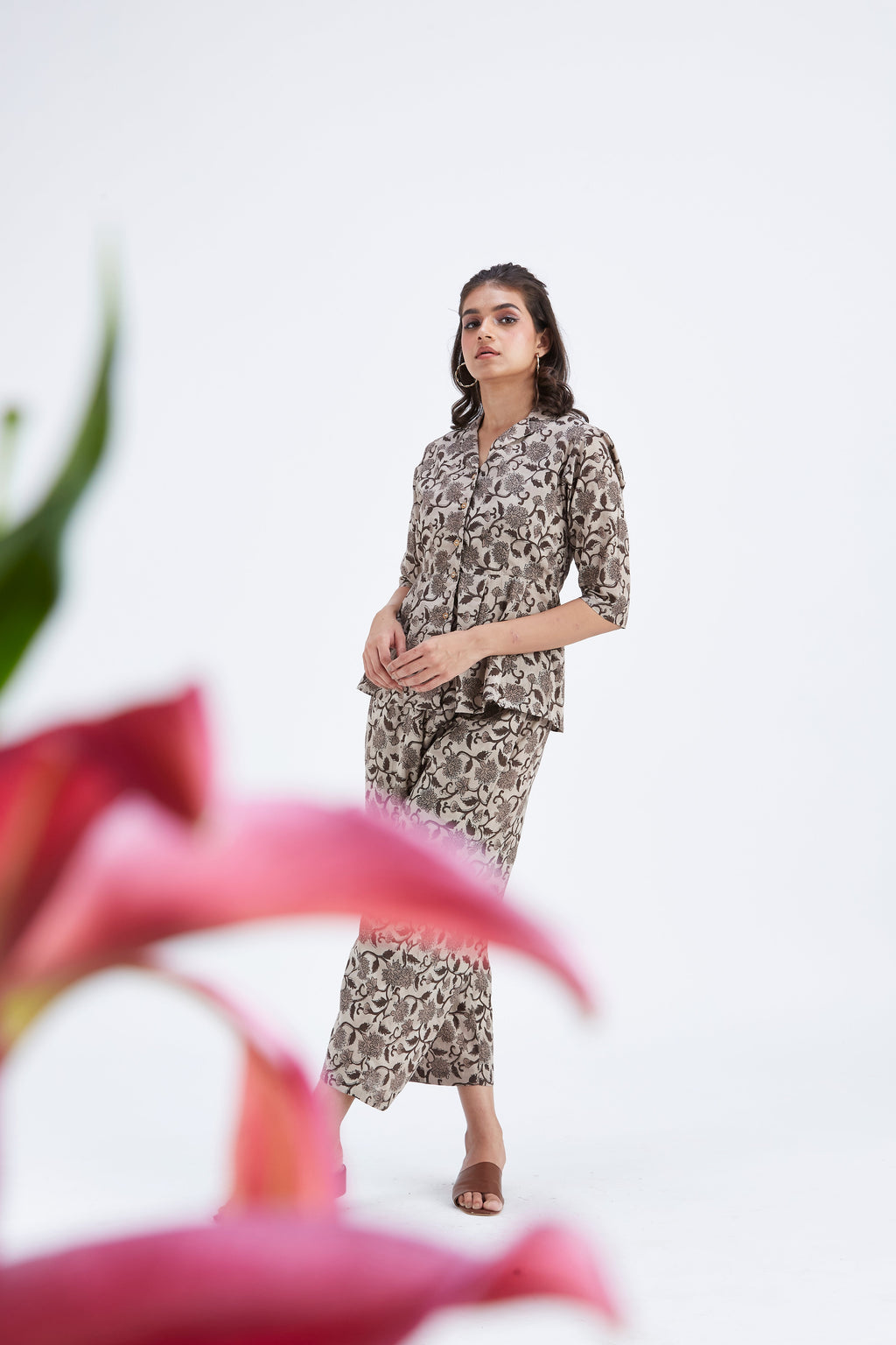 Zola Beige Floral Printed Modal Co-ord set at Kamakhyaa by Hasttvam. This item is Beige, Ete by Hasttvam, Floral Prints, Fusion Wear, Hand Printed, Modal, Womenswear