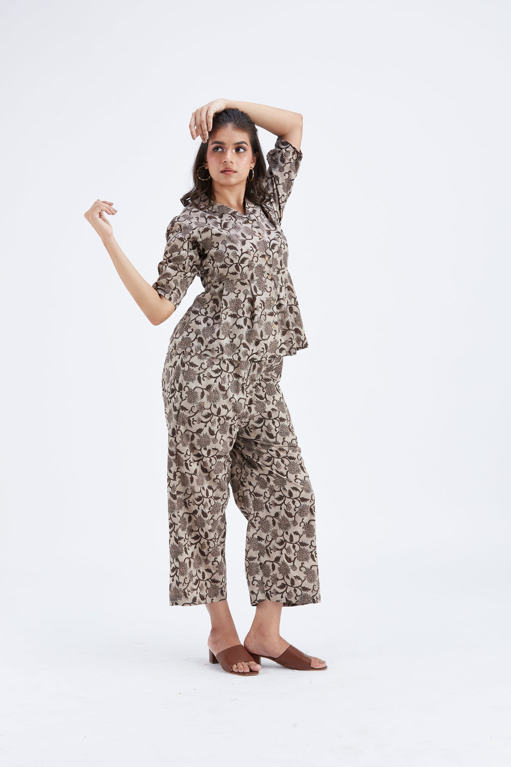 Zola Beige Floral Printed Modal Co-ord set at Kamakhyaa by Hasttvam. This item is Beige, Ete by Hasttvam, Floral Prints, Fusion Wear, Hand Printed, Modal, Womenswear