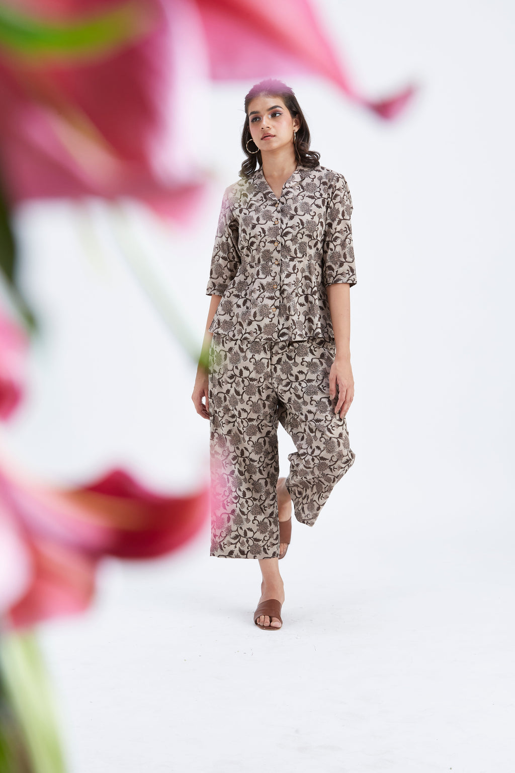 Zola Beige Floral Printed Modal Co-ord set at Kamakhyaa by Hasttvam. This item is Beige, Ete by Hasttvam, Floral Prints, Fusion Wear, Hand Printed, Modal, Womenswear