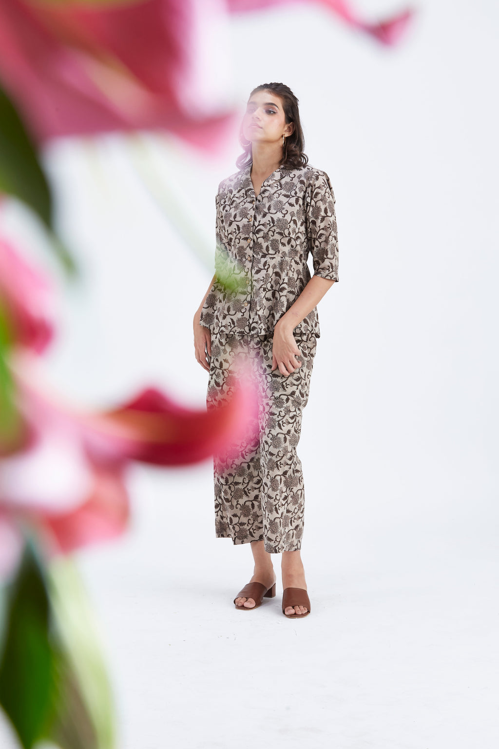 Zola Beige Floral Printed Modal Co-ord set at Kamakhyaa by Hasttvam. This item is Beige, Ete by Hasttvam, Floral Prints, Fusion Wear, Hand Printed, Modal, Womenswear