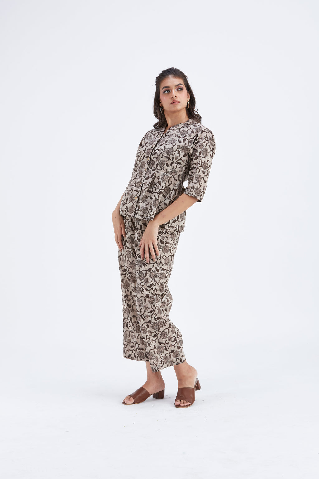 Zola Beige Floral Printed Modal Co-ord set at Kamakhyaa by Hasttvam. This item is Beige, Ete by Hasttvam, Floral Prints, Fusion Wear, Hand Printed, Modal, Womenswear