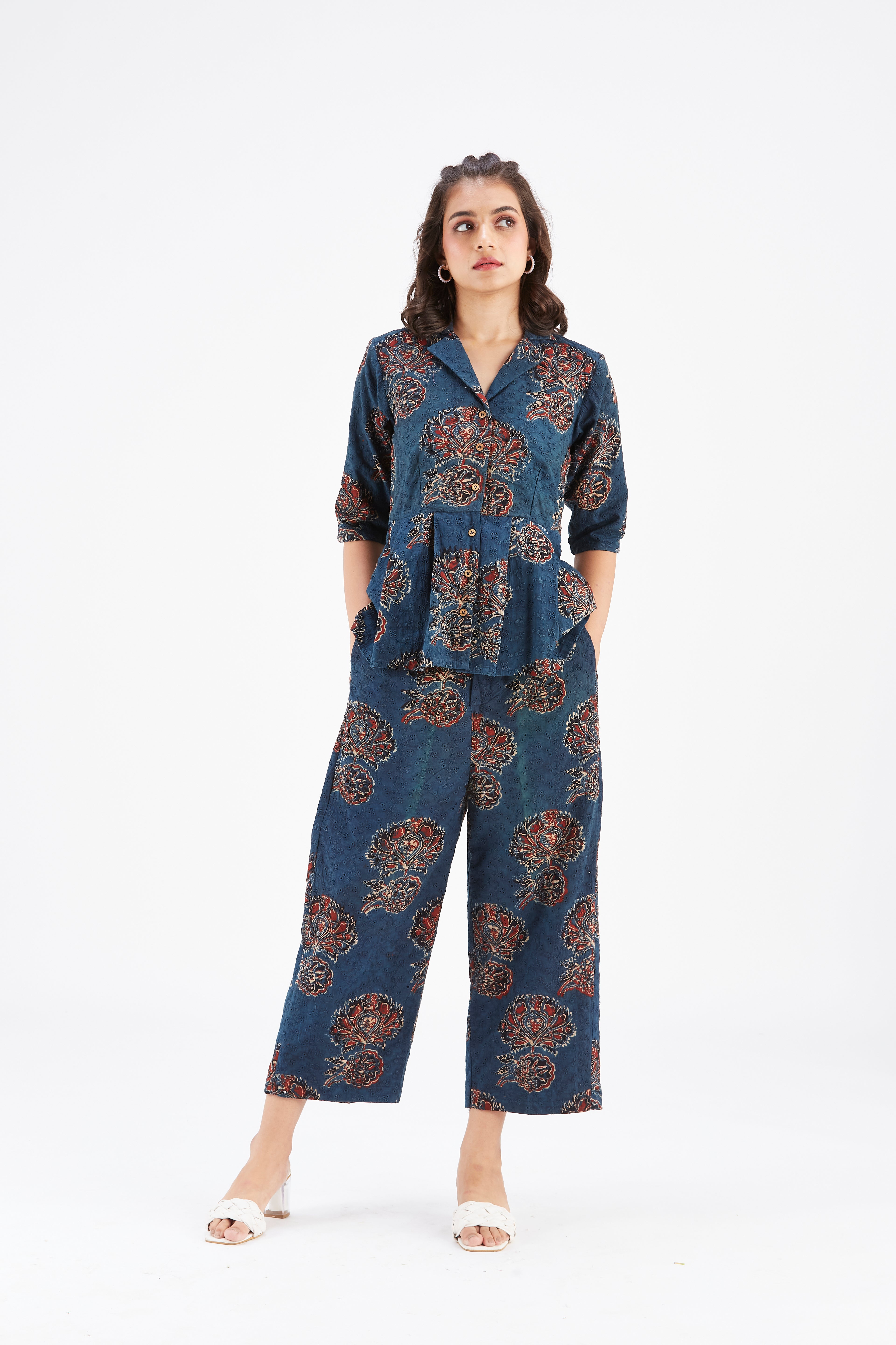 Zola Indigo Floral Printed Modal Co-ord set at Kamakhyaa by Hasttvam. This item is Ete by Hasttvam, Floral Prints, Fusion Wear, Hand Printed, Indigo, Modal, Womenswear