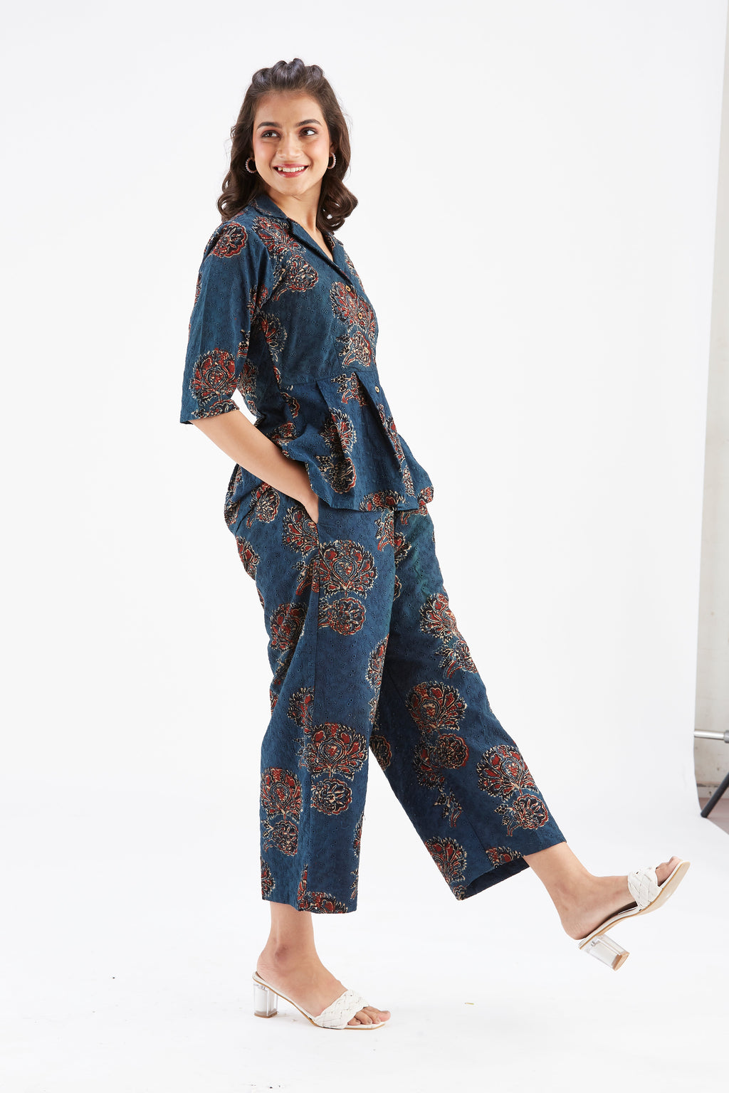 Zola Indigo Floral Printed Modal Co-ord set at Kamakhyaa by Hasttvam. This item is Ete by Hasttvam, Floral Prints, Fusion Wear, Hand Printed, Indigo, Modal, Womenswear