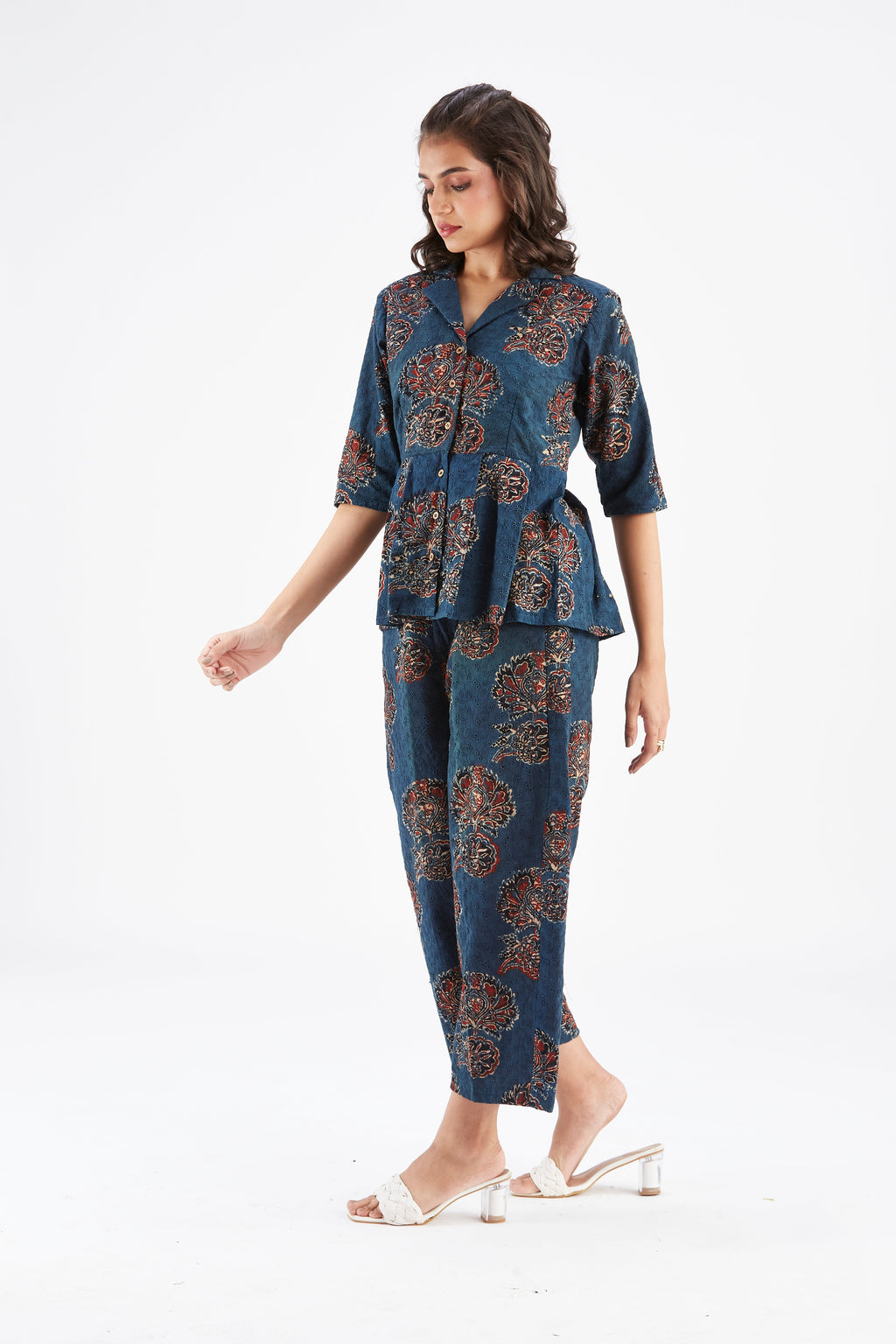 Zola Indigo Floral Printed Modal Co-ord set at Kamakhyaa by Hasttvam. This item is Ete by Hasttvam, Floral Prints, Fusion Wear, Hand Printed, Indigo, Modal, Womenswear