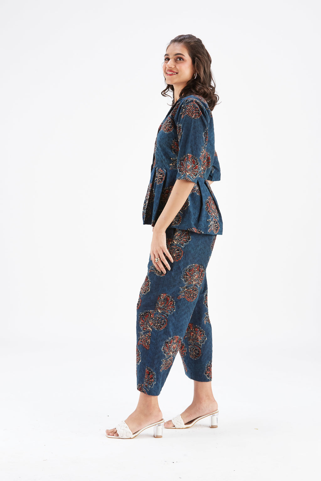 Zola Indigo Floral Printed Modal Co-ord set at Kamakhyaa by Hasttvam. This item is Ete by Hasttvam, Floral Prints, Fusion Wear, Hand Printed, Indigo, Modal, Womenswear