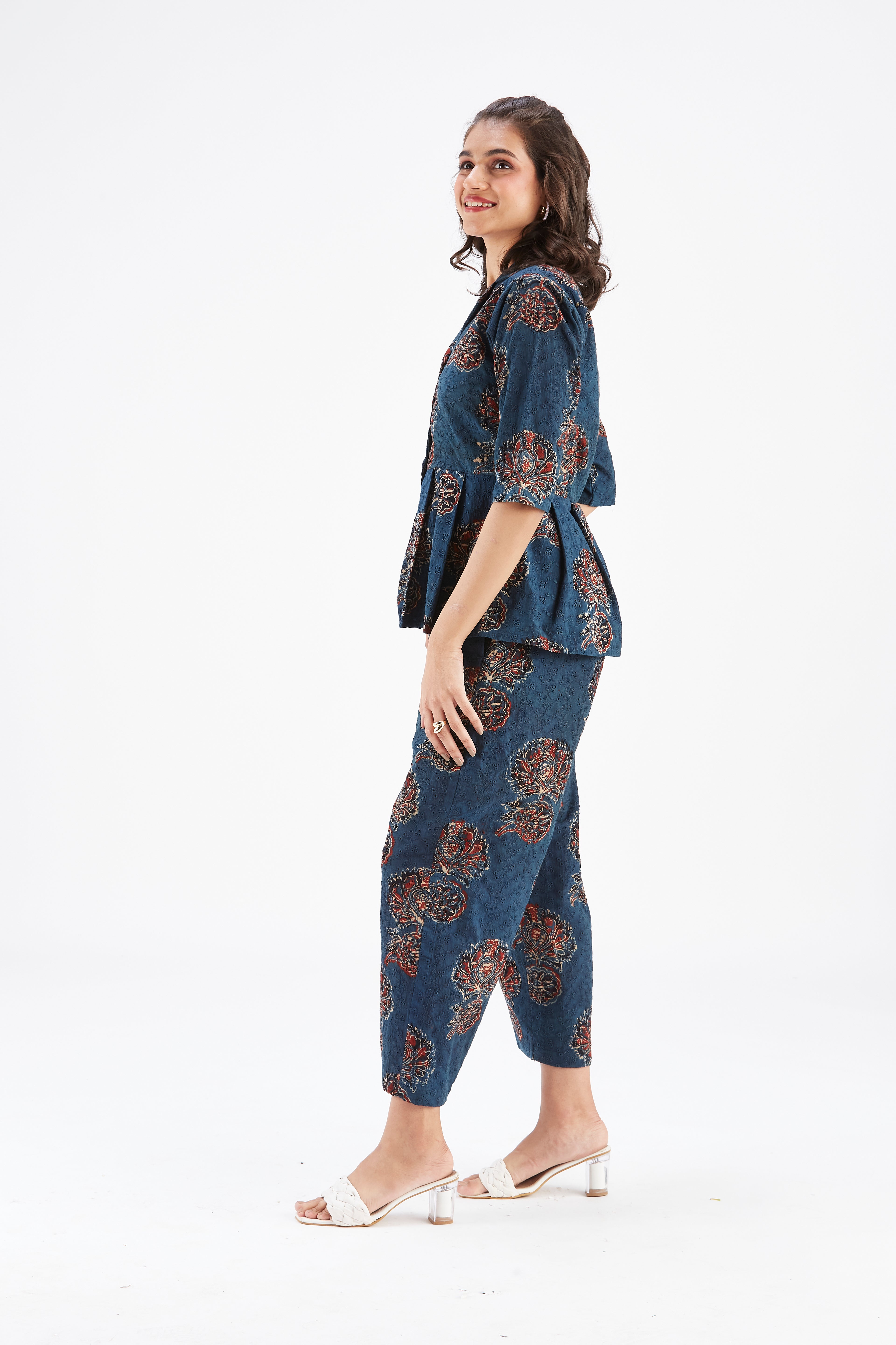 Zola Indigo Floral Printed Modal Co-ord set at Kamakhyaa by Hasttvam. This item is Ete by Hasttvam, Floral Prints, Fusion Wear, Hand Printed, Indigo, Modal, Womenswear