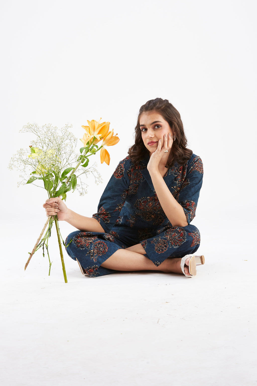 Zola Indigo Floral Printed Modal Co-ord set at Kamakhyaa by Hasttvam. This item is Ete by Hasttvam, Floral Prints, Fusion Wear, Hand Printed, Indigo, Modal, Womenswear