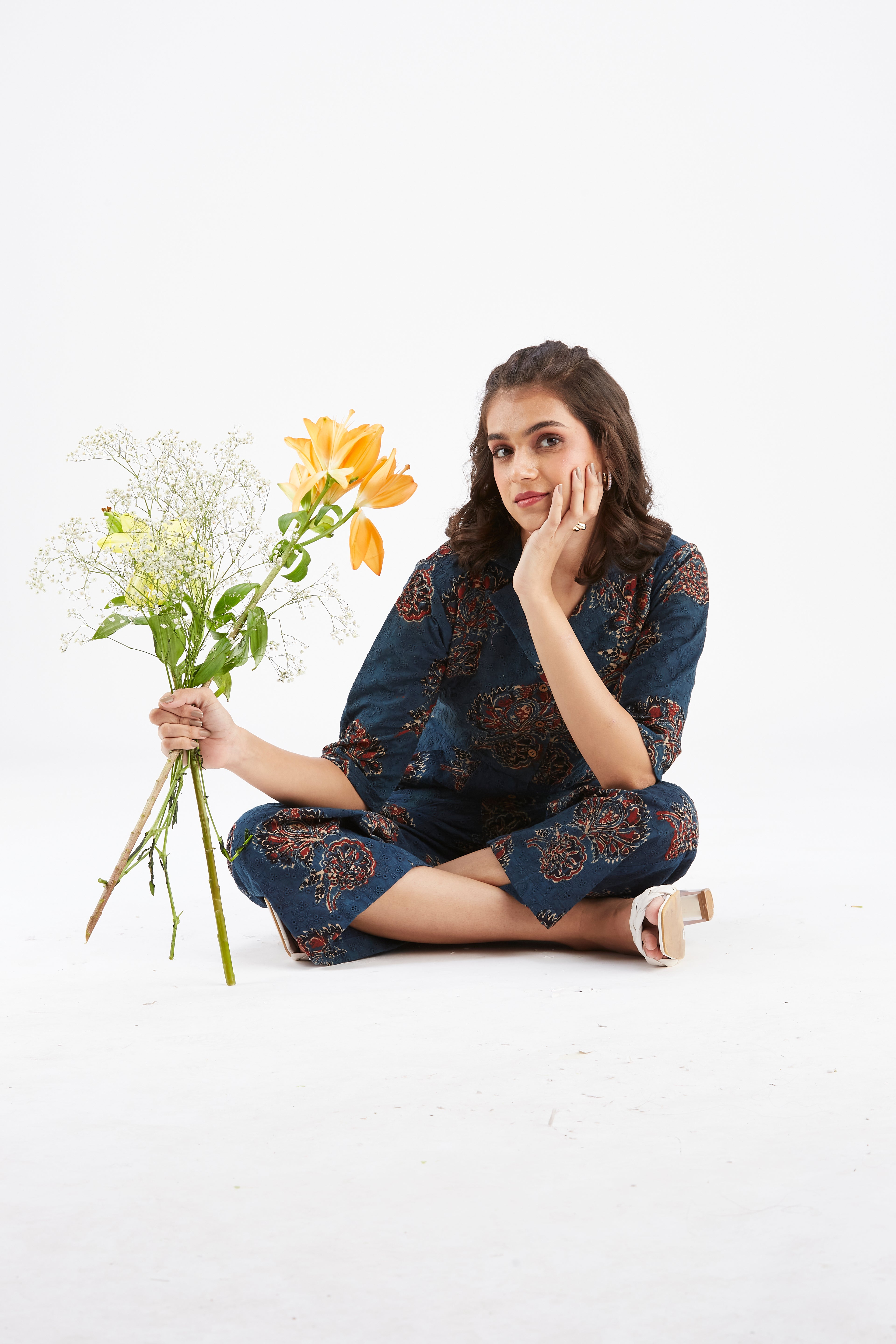 Zola Indigo Floral Printed Modal Co-ord set at Kamakhyaa by Hasttvam. This item is Ete by Hasttvam, Floral Prints, Fusion Wear, Hand Printed, Indigo, Modal, Womenswear