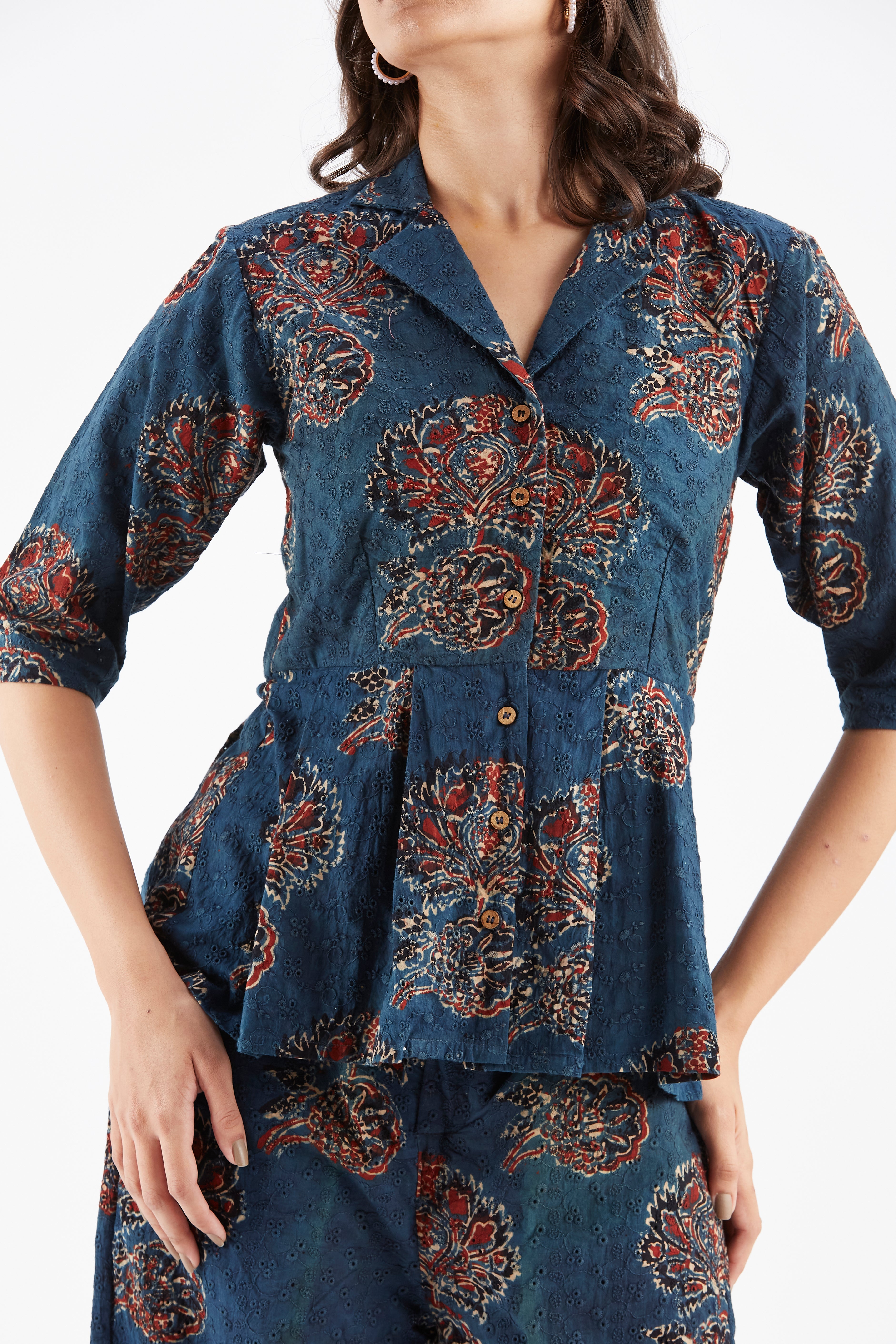 Zola Indigo Floral Printed Modal Co-ord set at Kamakhyaa by Hasttvam. This item is Ete by Hasttvam, Floral Prints, Fusion Wear, Hand Printed, Indigo, Modal, Womenswear