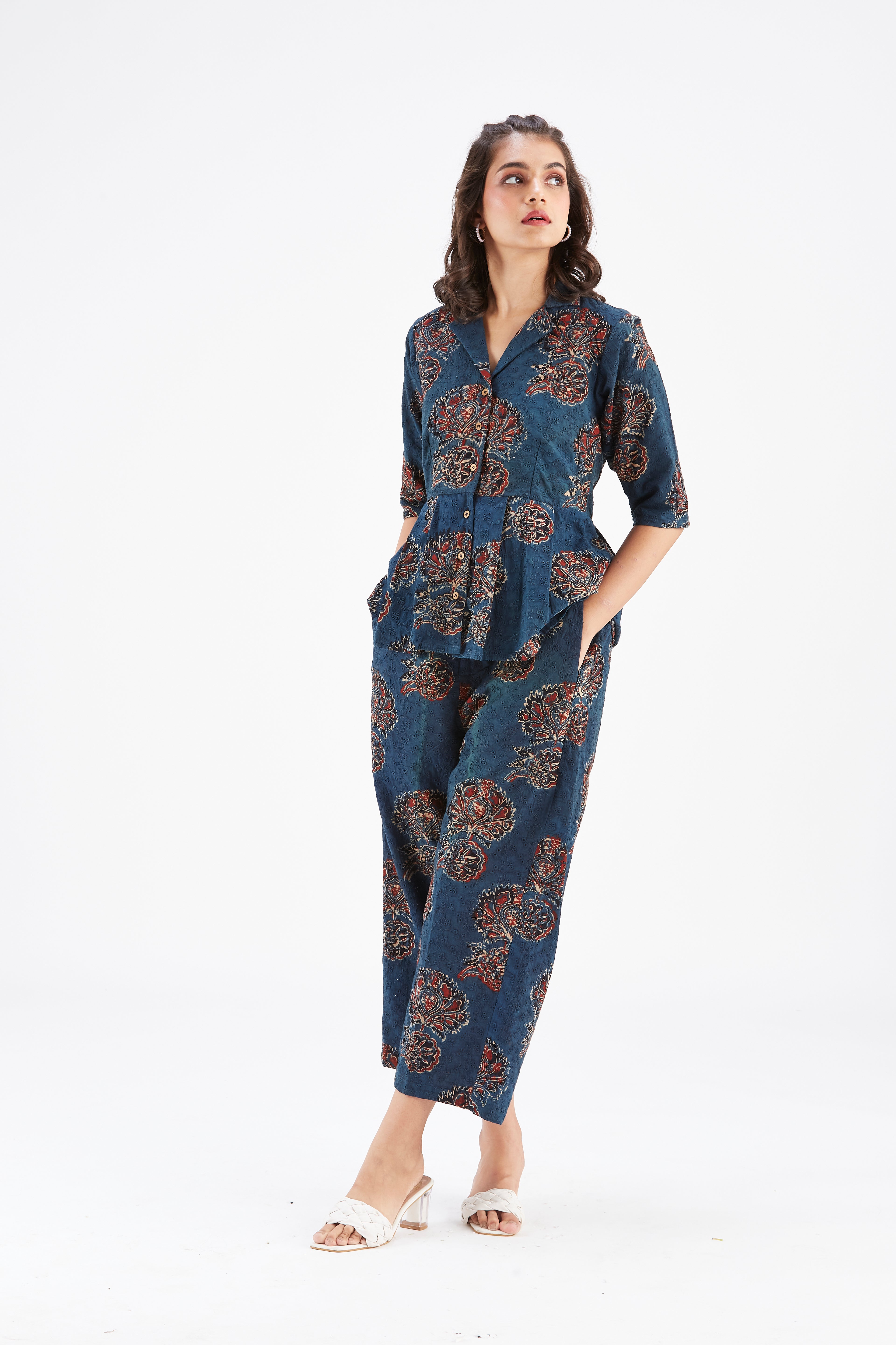 Zola Indigo Floral Printed Modal Co-ord set at Kamakhyaa by Hasttvam. This item is Ete by Hasttvam, Floral Prints, Fusion Wear, Hand Printed, Indigo, Modal, Womenswear
