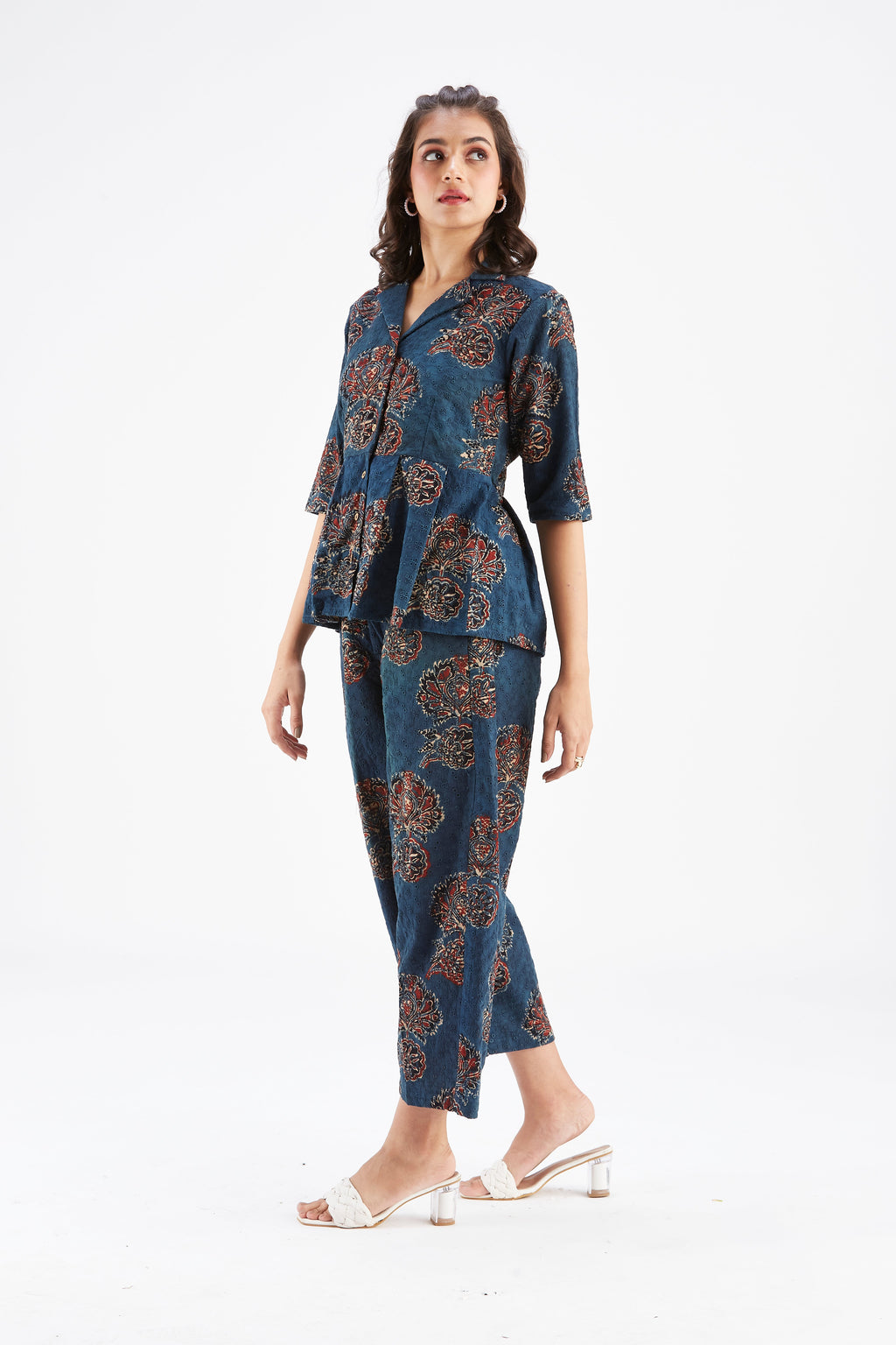 Zola Indigo Floral Printed Modal Co-ord set at Kamakhyaa by Hasttvam. This item is Ete by Hasttvam, Floral Prints, Fusion Wear, Hand Printed, Indigo, Modal, Womenswear