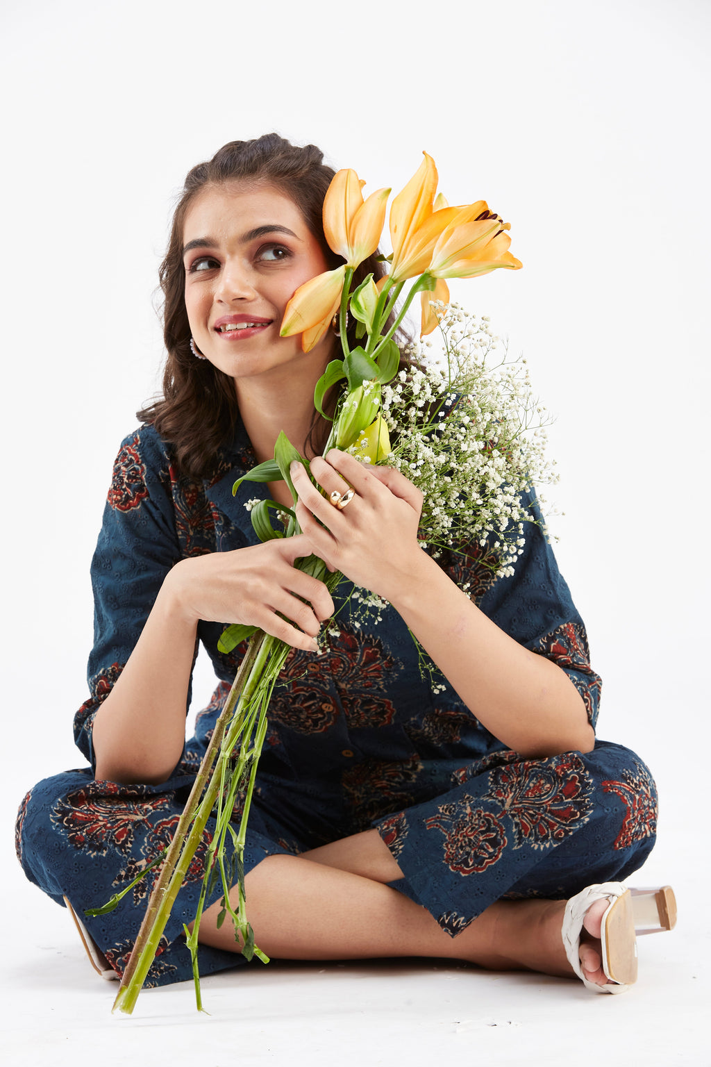 Zola Indigo Floral Printed Modal Co-ord set at Kamakhyaa by Hasttvam. This item is Ete by Hasttvam, Floral Prints, Fusion Wear, Hand Printed, Indigo, Modal, Womenswear