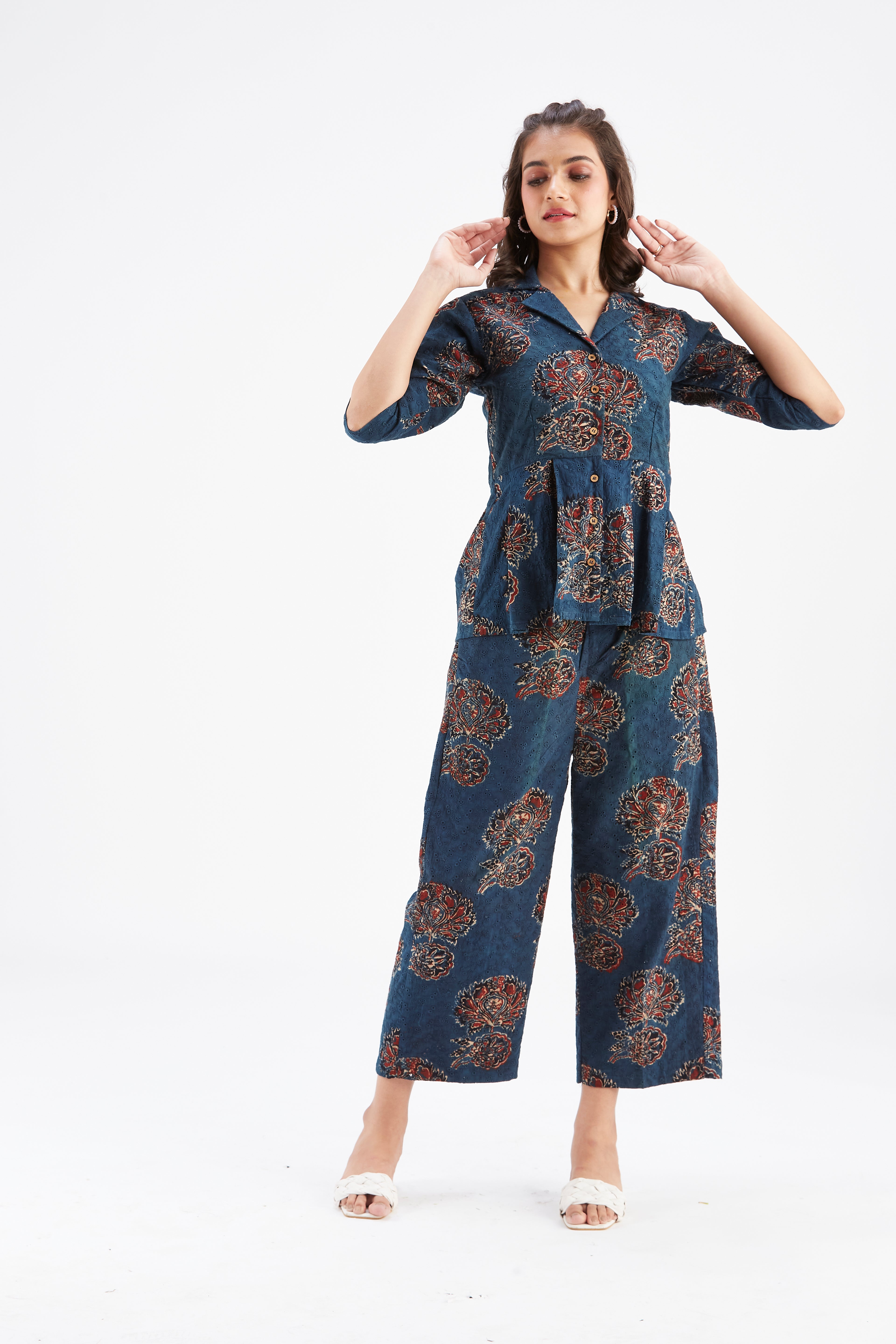 Zola Indigo Floral Printed Modal Co-ord set at Kamakhyaa by Hasttvam. This item is Ete by Hasttvam, Floral Prints, Fusion Wear, Hand Printed, Indigo, Modal, Womenswear