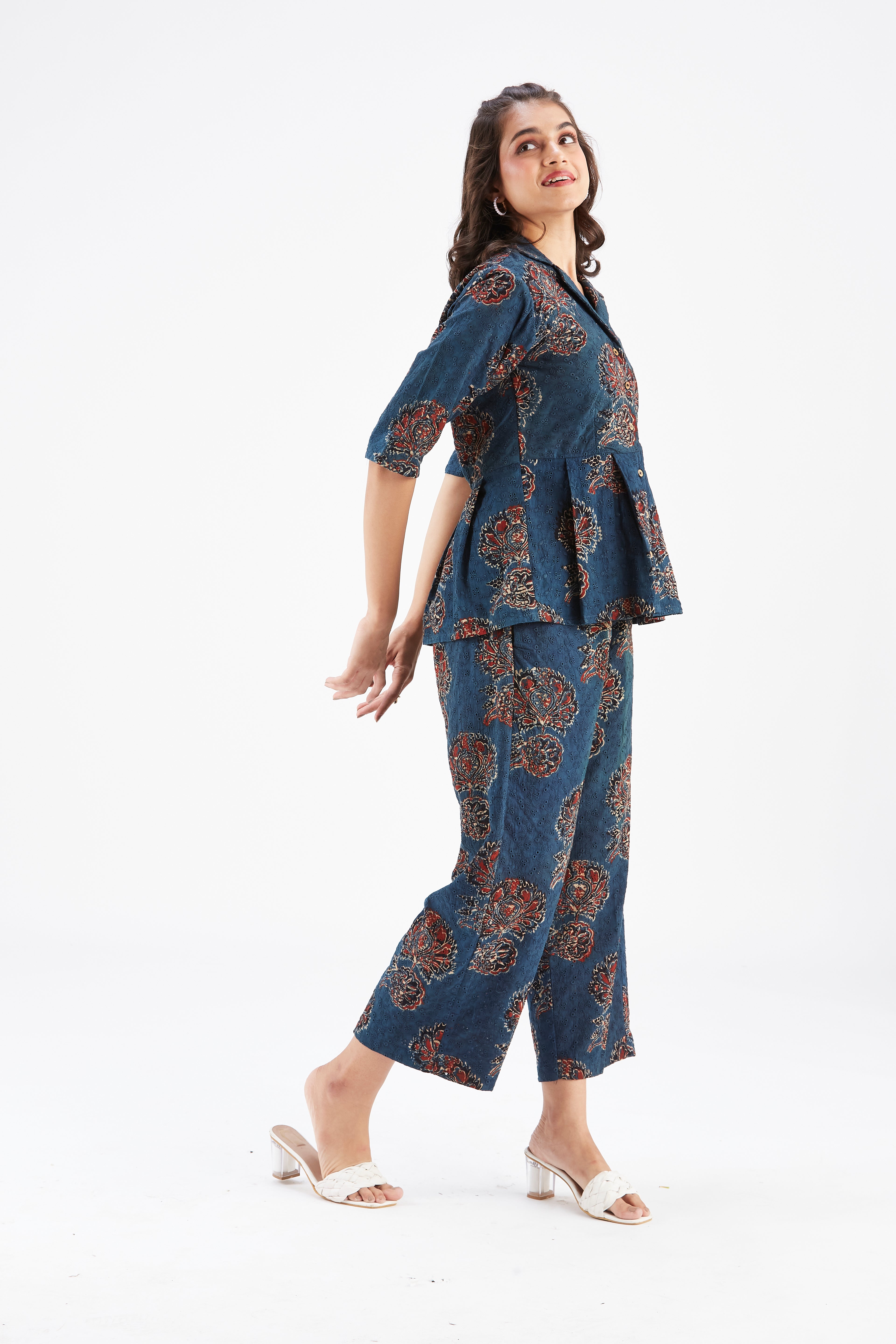 Zola Indigo Floral Printed Modal Co-ord set at Kamakhyaa by Hasttvam. This item is Ete by Hasttvam, Floral Prints, Fusion Wear, Hand Printed, Indigo, Modal, Womenswear