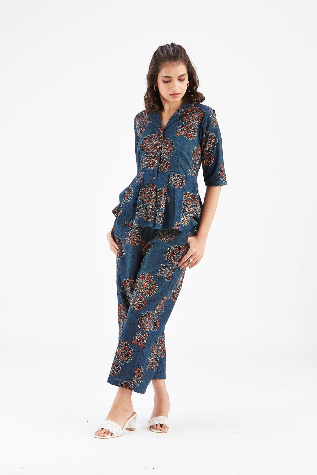 Zola Indigo Floral Printed Modal Co-ord set at Kamakhyaa by Hasttvam. This item is Ete by Hasttvam, Floral Prints, Fusion Wear, Hand Printed, Indigo, Modal, Womenswear