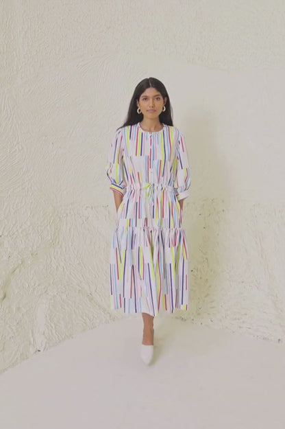 Multicolor Striped Puff Sleeve Midi Dress