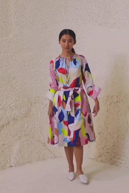 Multicolor A-line Dress with Waist Belt