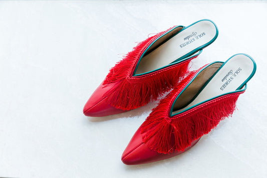 All Red Fringe Mules Basics Edit- Chapter II, Faux Leather, Handcrafted, Heels, Red, Relaxed Fit, Solids, Vegan Kamakhyaa