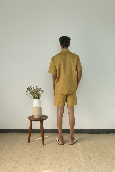 Almond Yellow Shacket at Kamakhyaa by Anushé Pirani. This item is Best Selling, Casual Wear, Cotton, Cotton Hemp, For Him, For Siblings, Handwoven, Hemp, Jackets, Mens Overlay, Menswear, Overlays, Relaxed Fit, Shibumi Collection, Solids, Yellow