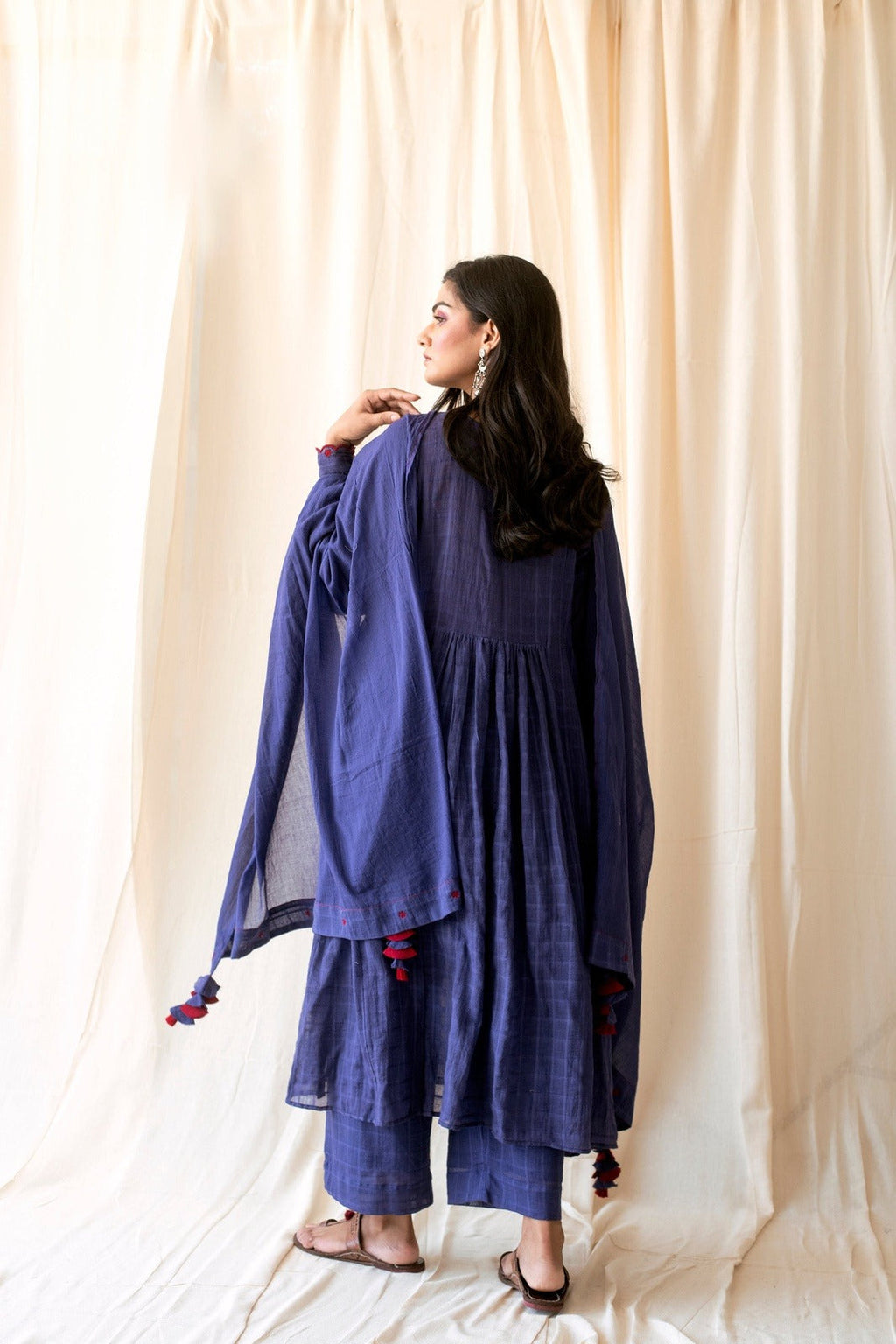Amethyst Set at Kamakhyaa by Taro. This item is Best Selling, Blue, Checks, Cotton, Evening Wear, For Mother, Indian Wear, July Sale, July Sale 2023, Kurta Palazzo Sets, Natural, Regular Fit, Rozana Taro, Wedding Gifts, Womenswear